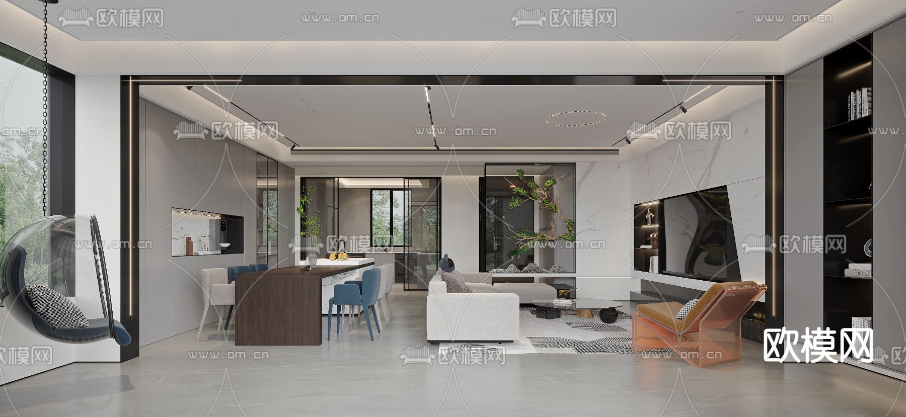 现代轻奢客厅餐厅3d模型