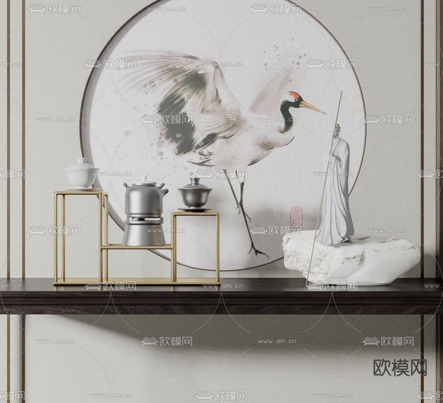 新中式茶具人物雕塑摆件3d模型