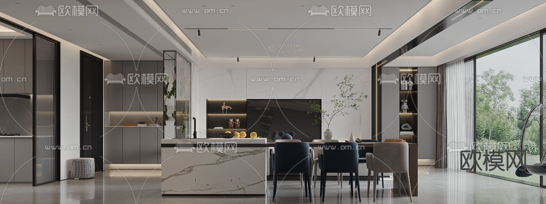 现代轻奢客厅餐厅3d模型