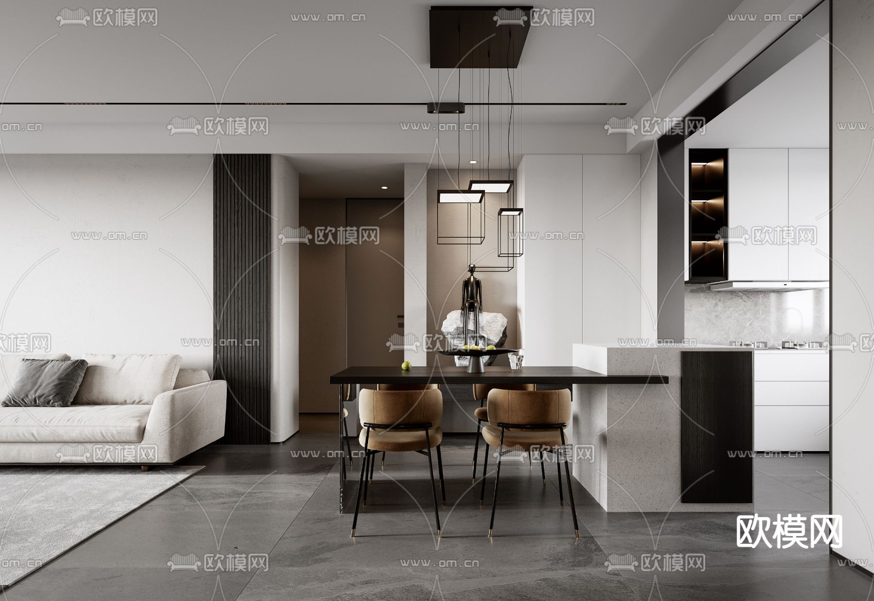 现代高级灰客厅餐厅3d模型下载（渲染图3）