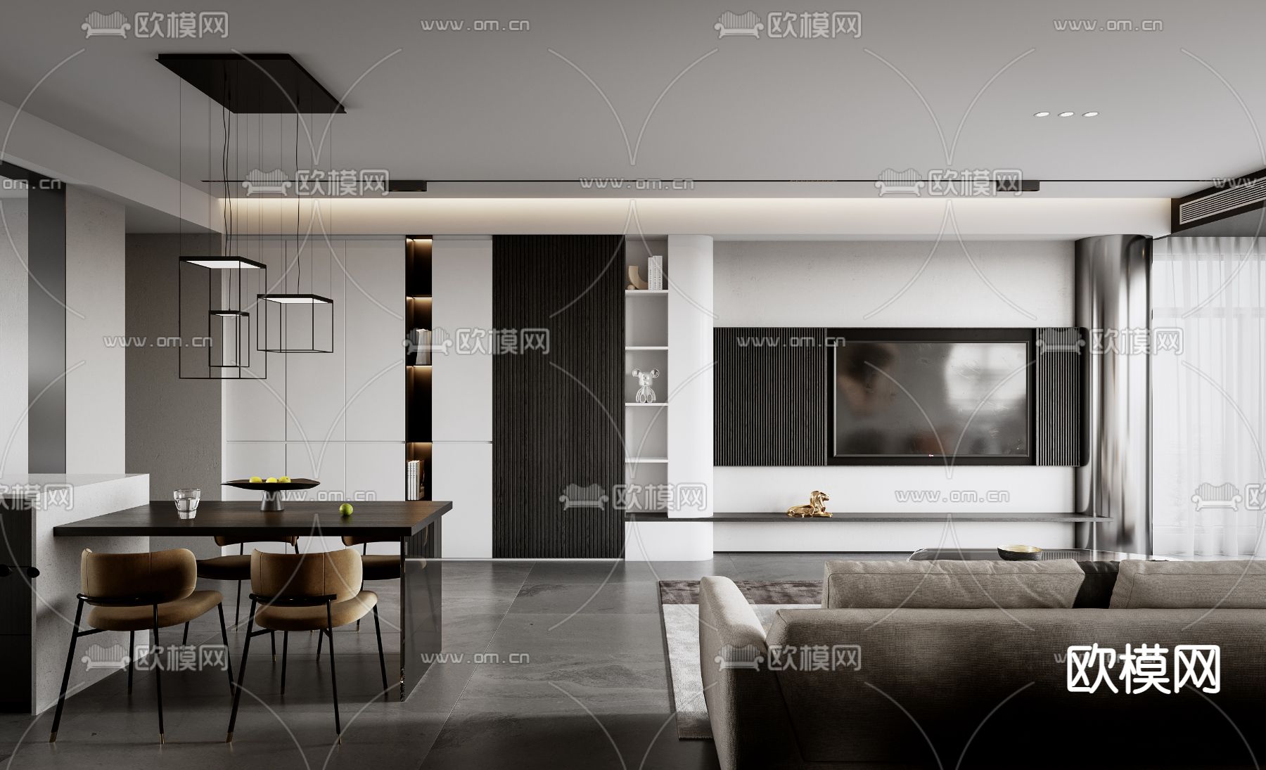 现代高级灰客厅餐厅3d模型下载（渲染图2）