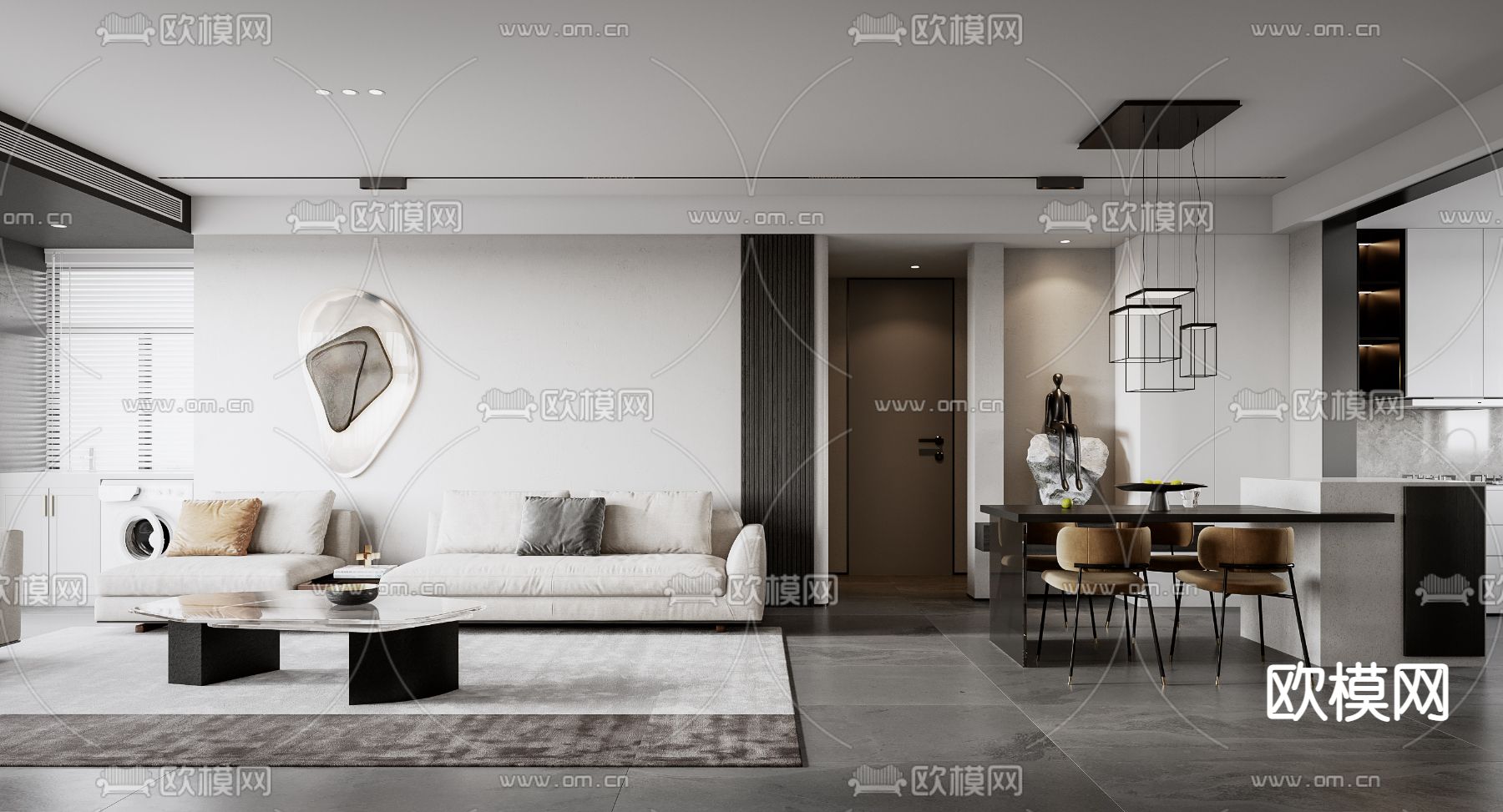 现代高级灰客厅餐厅3d模型下载（渲染图1）