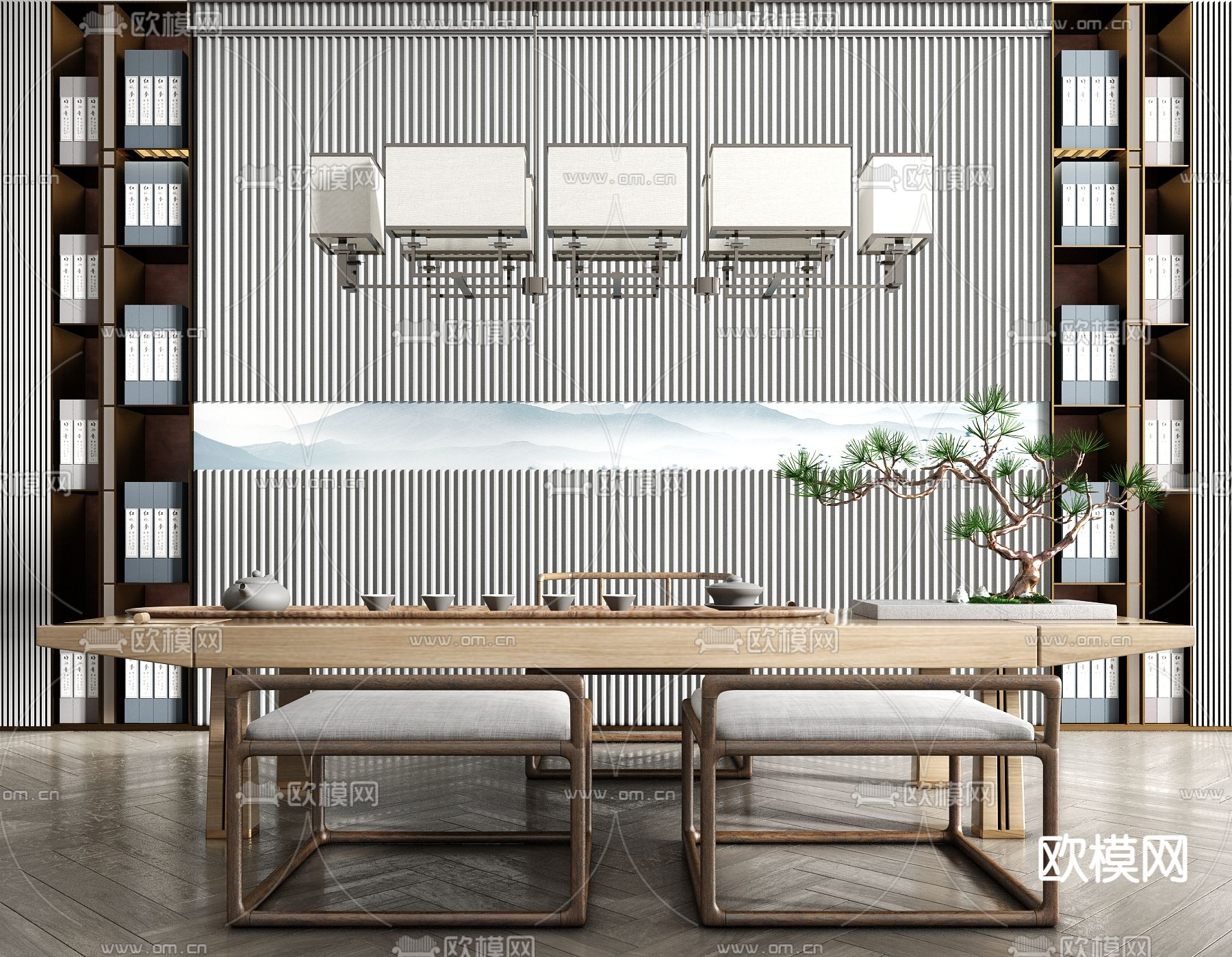 新中式实木茶桌椅su模型下载（渲染图1）