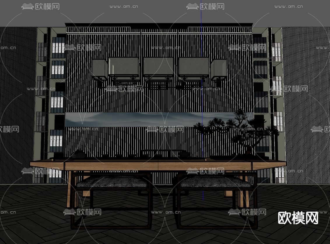 新中式实木茶桌椅su模型下载（渲染图2）
