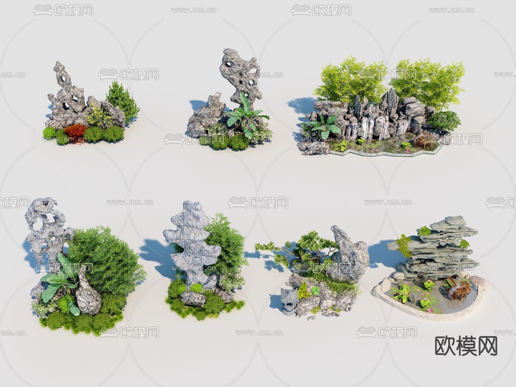 新中式假山园林景观3d模型下载