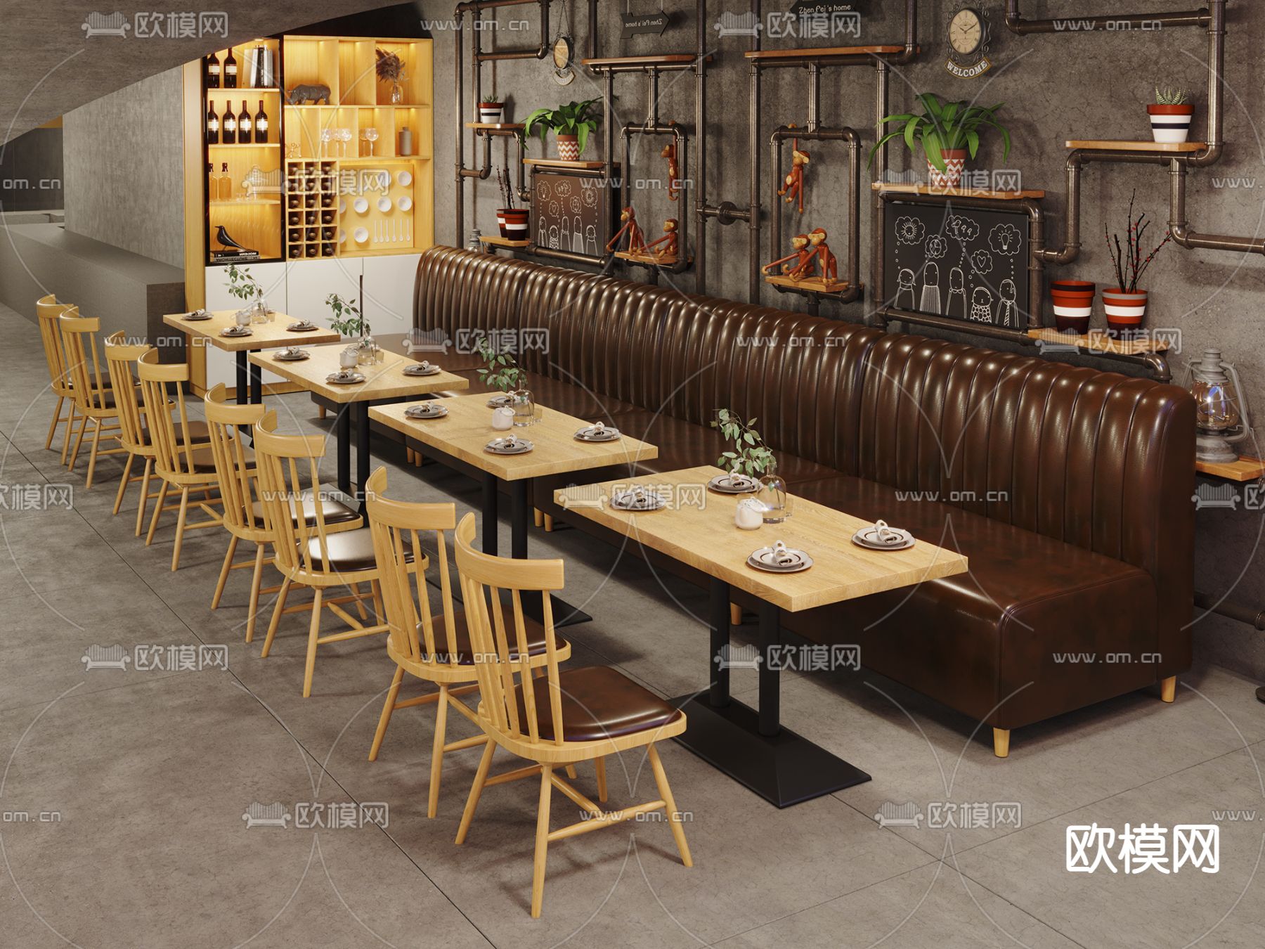 现代餐厅皮革卡座沙发3d模型下载