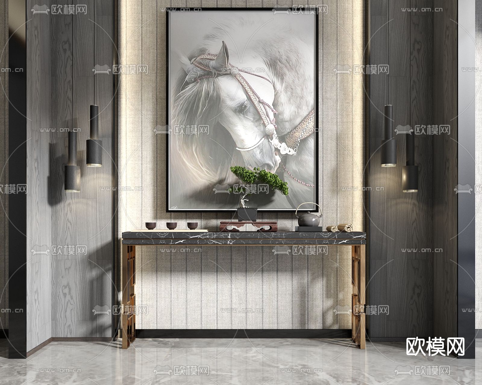 新中式玄关端景条案su模型下载