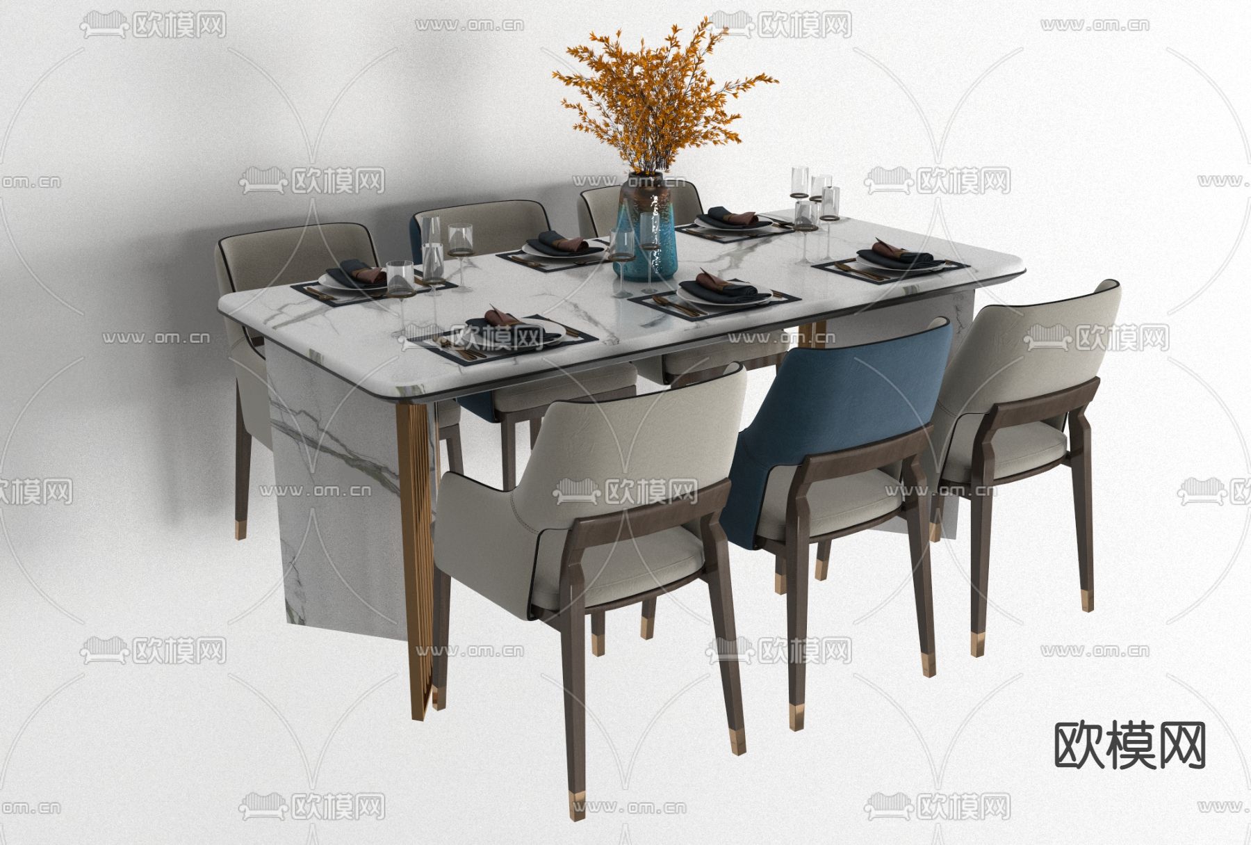 现代大理石餐桌椅免费3d模型下载