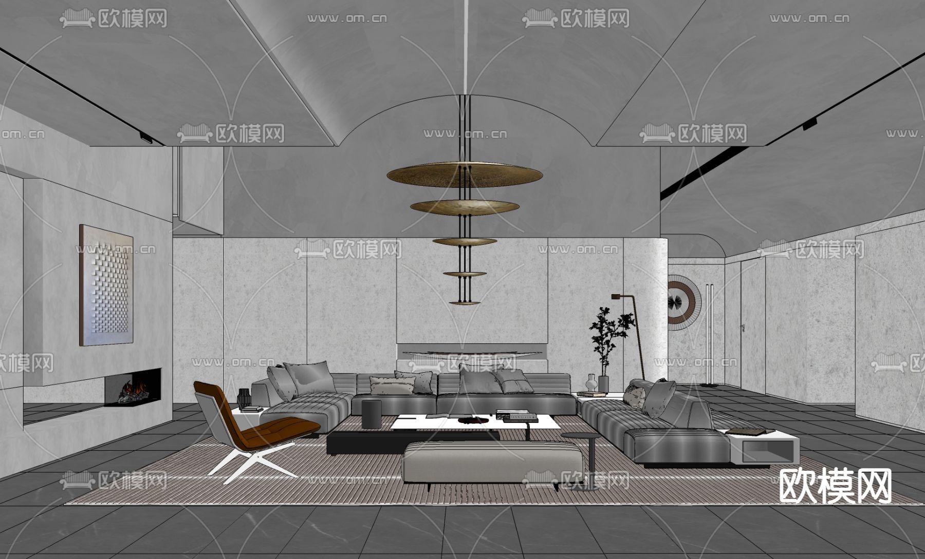 现代高级灰客厅su模型下载（渲染图2）