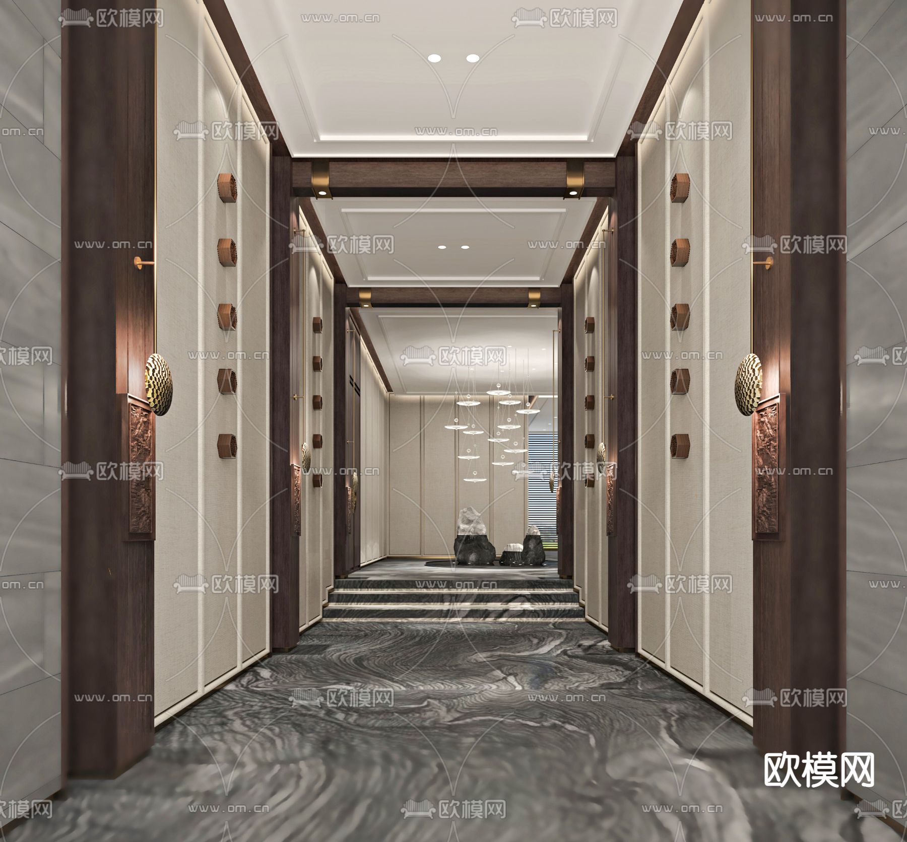 新中式售楼处过道3d模型下载（渲染图1）