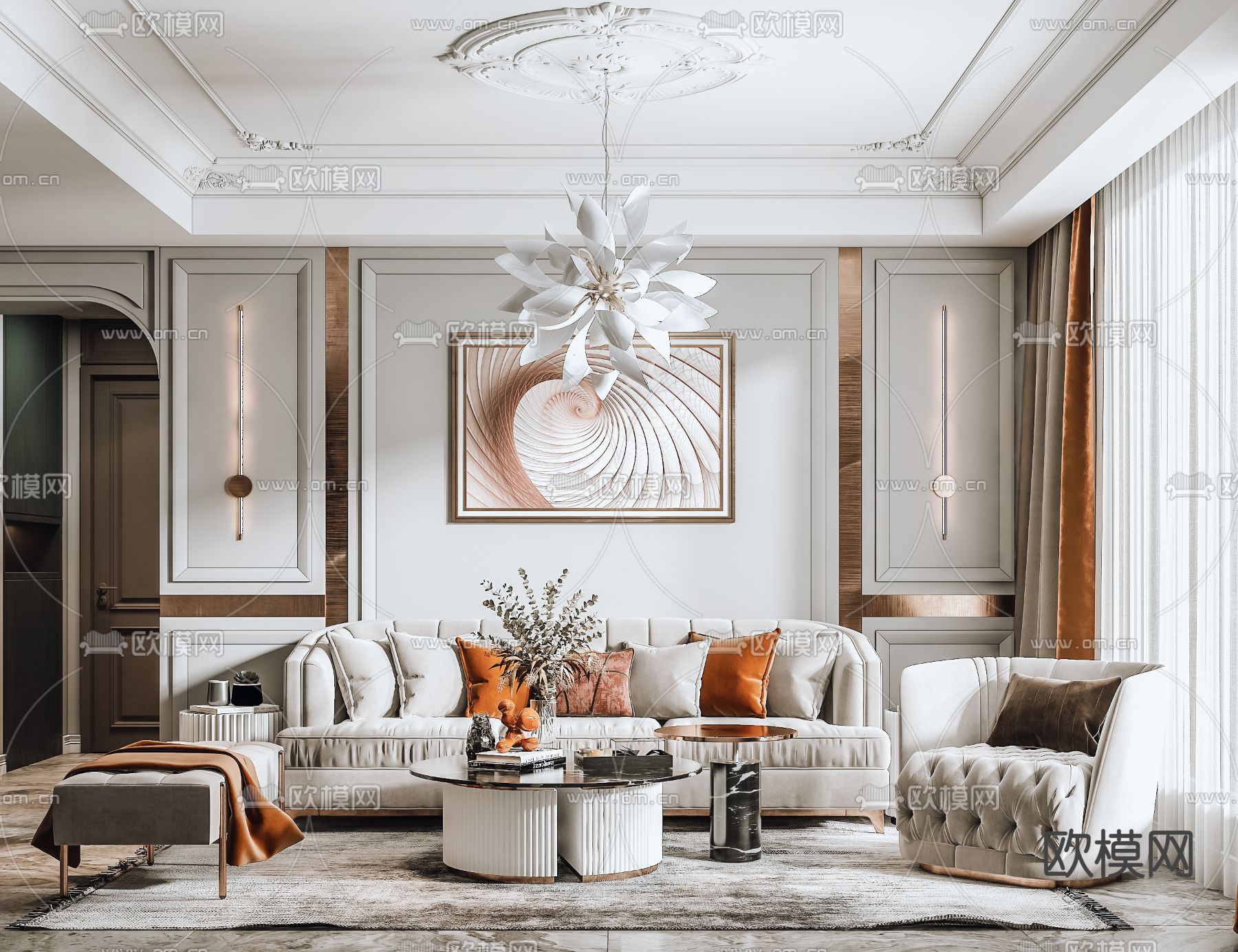 简欧布艺沙发组合3d模型下载