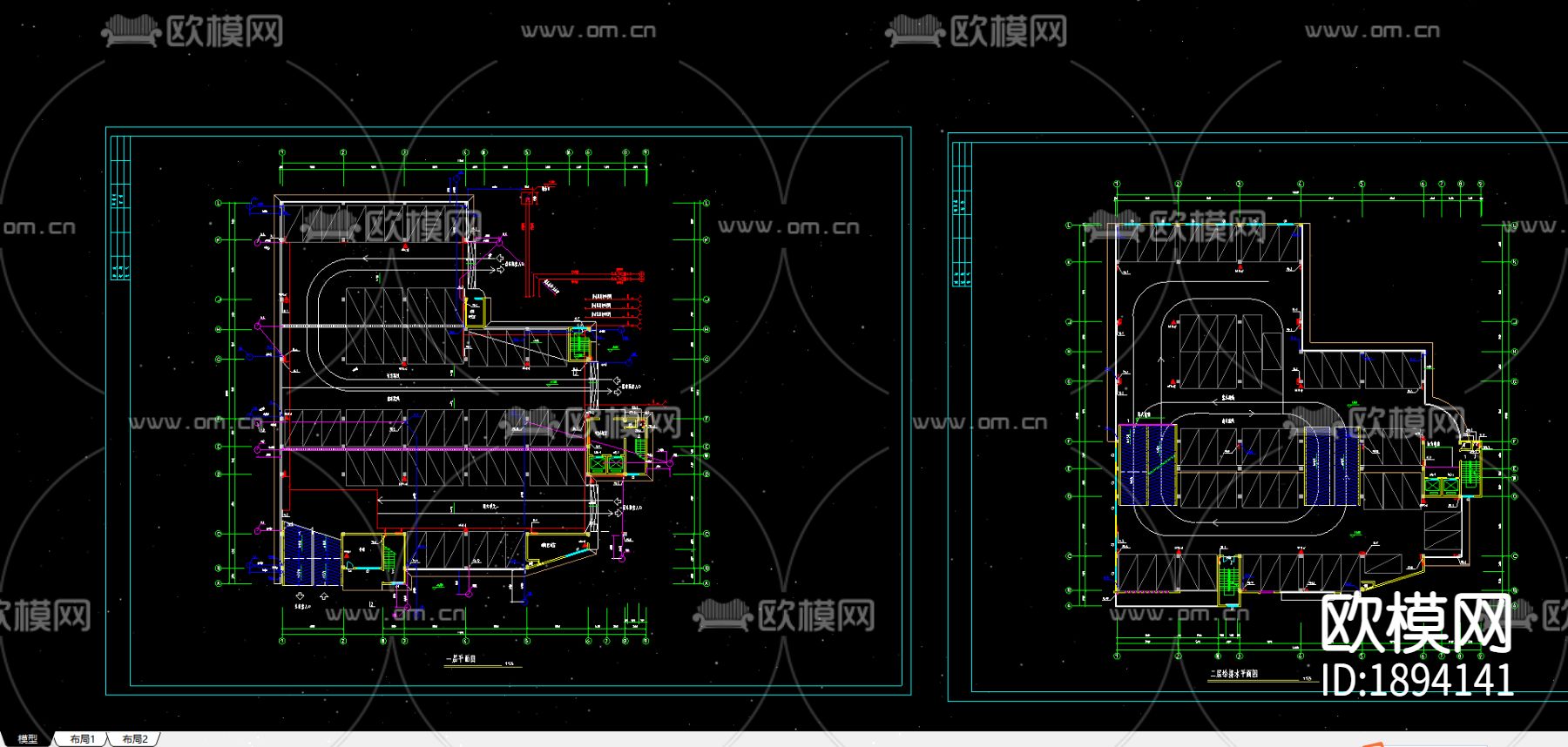 七层停车库给排水和消防图纸下载（渲染图1）