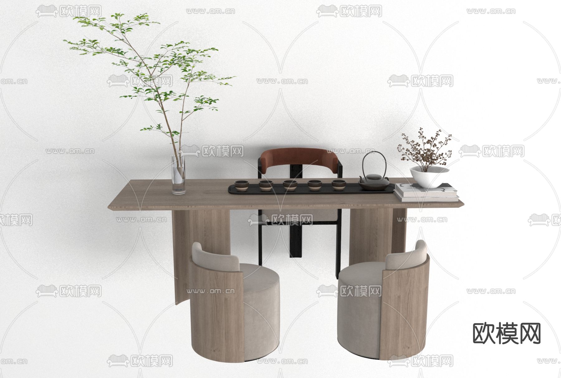新中式实木茶桌椅免费3d模型下载