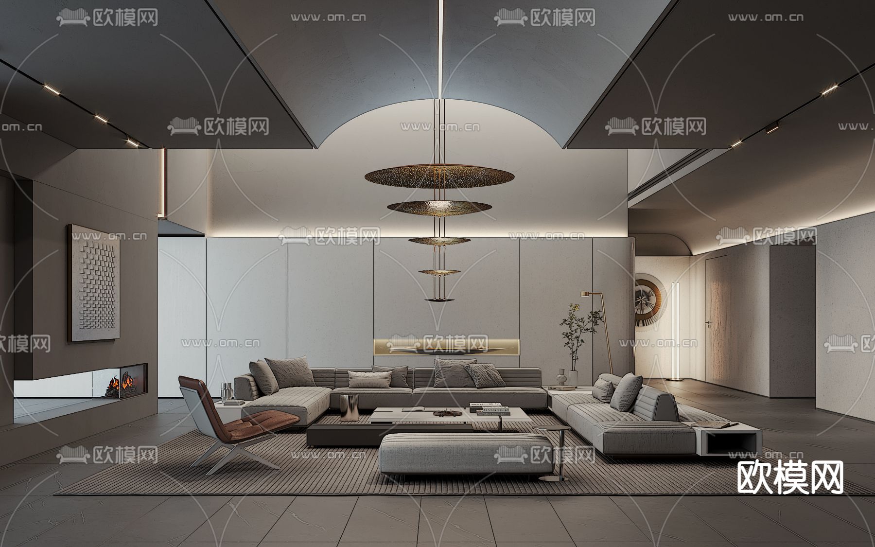 现代高级灰客厅su模型下载（渲染图1）
