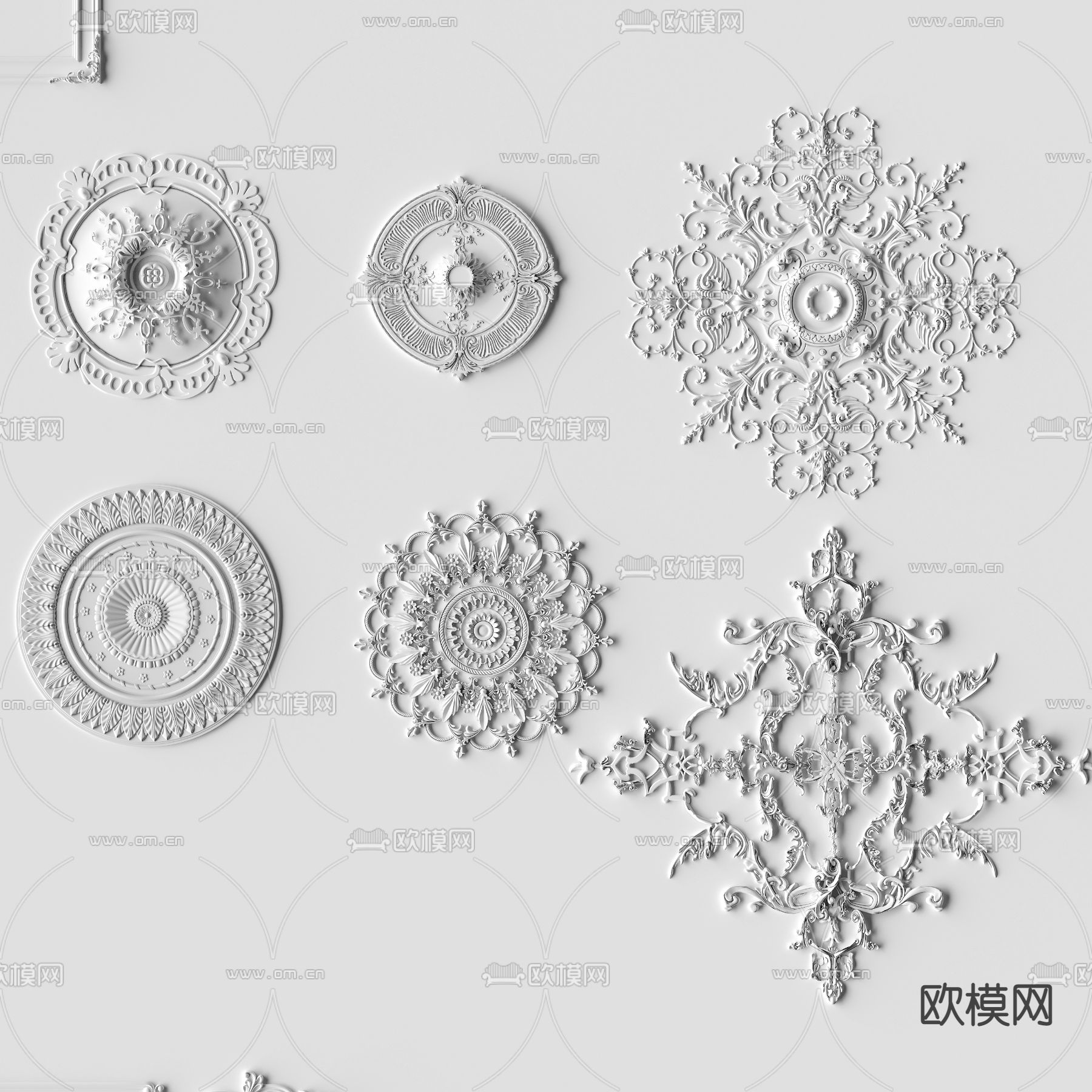 欧式石膏雕花灯盘线条3d模型下载（渲染图1）