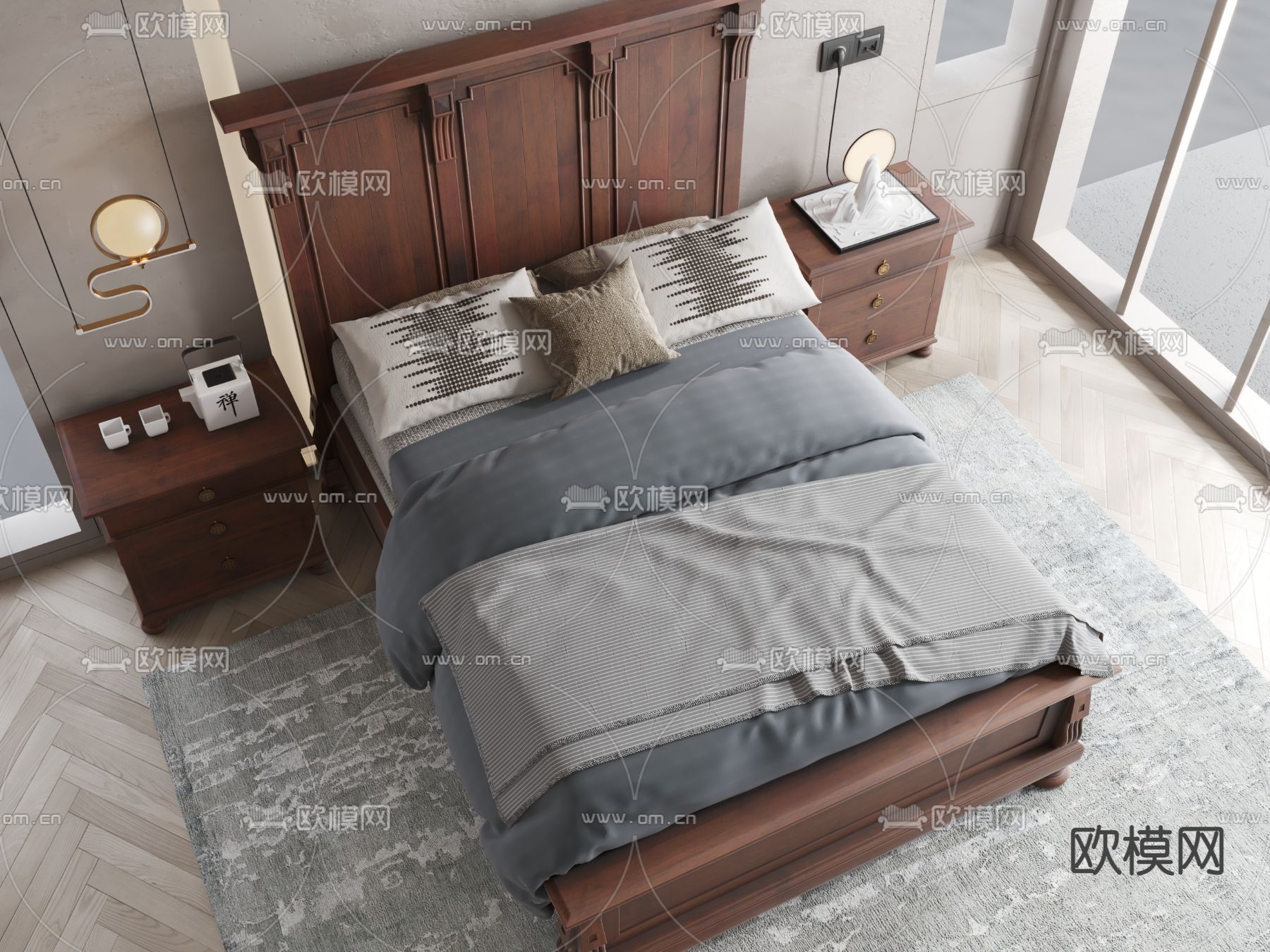 新中式实木双人床3d模型下载（渲染图3）