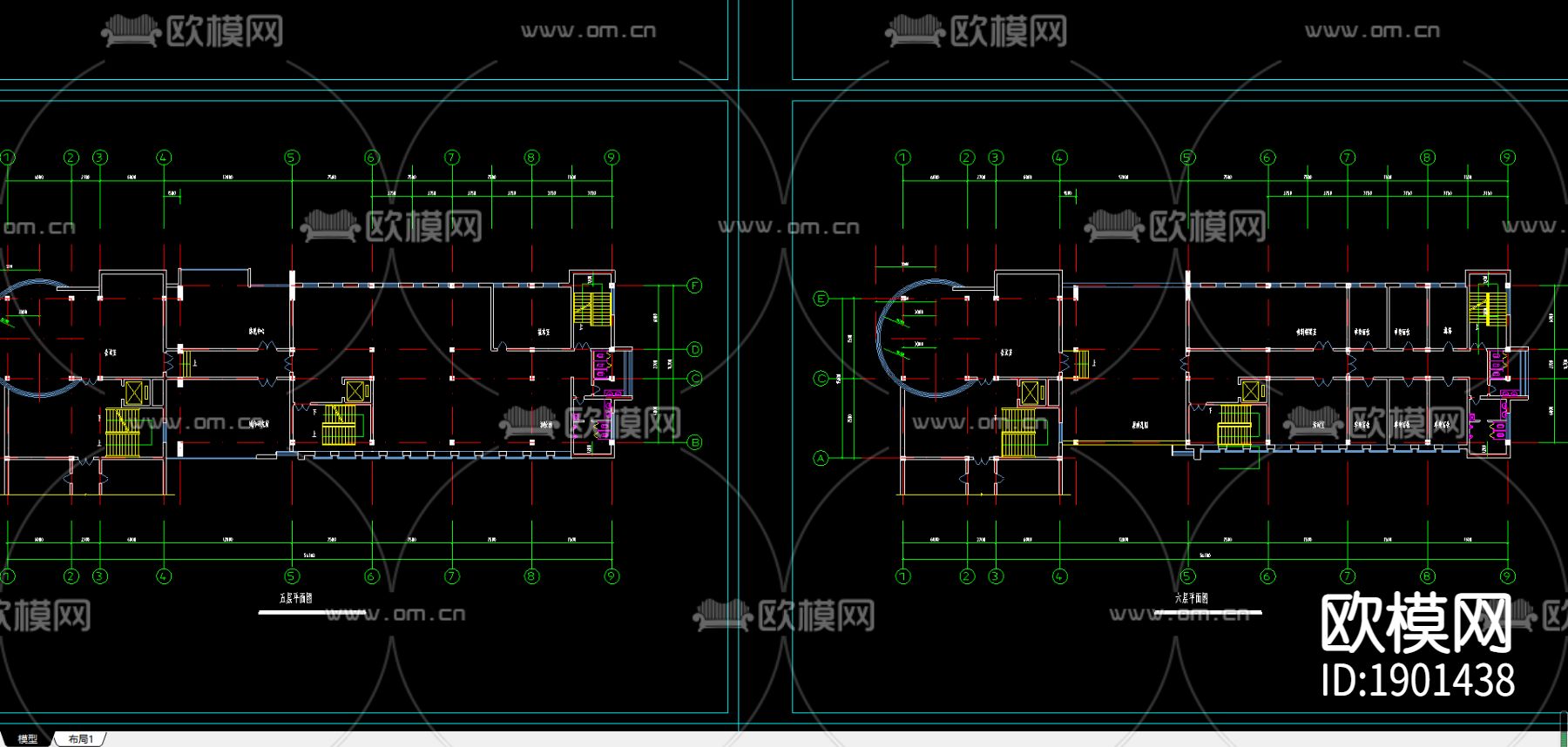 6层现代办公楼cad施工图下载（渲染图3）