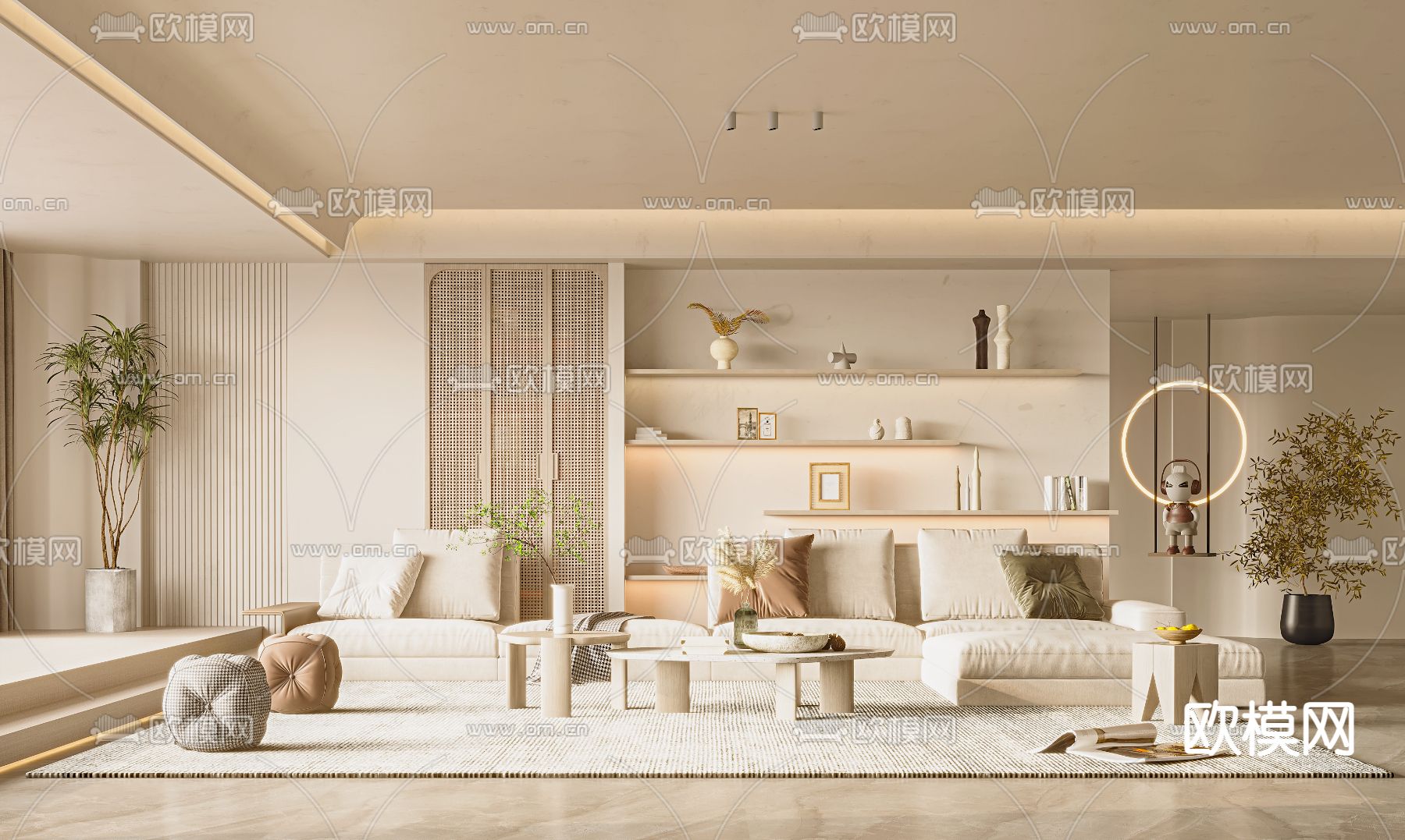 侘寂布艺转角沙发组合3d模型下载（渲染图1）