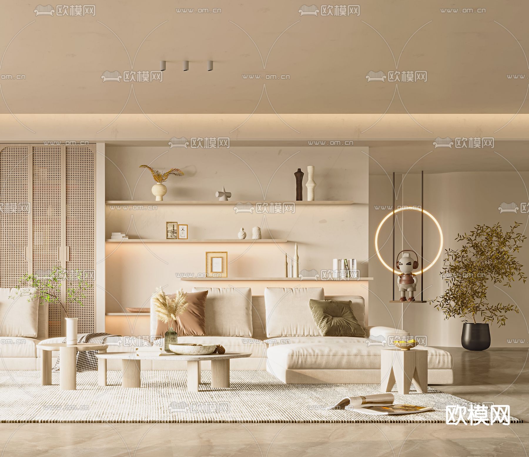 侘寂布艺转角沙发组合3d模型下载（渲染图3）