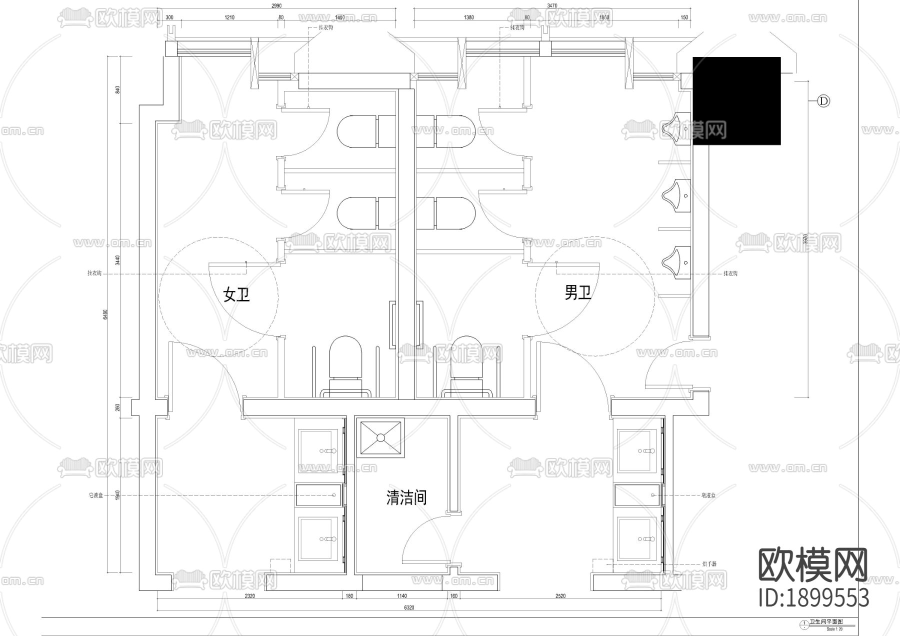 公区卫生间cad图库下载（渲染图1）