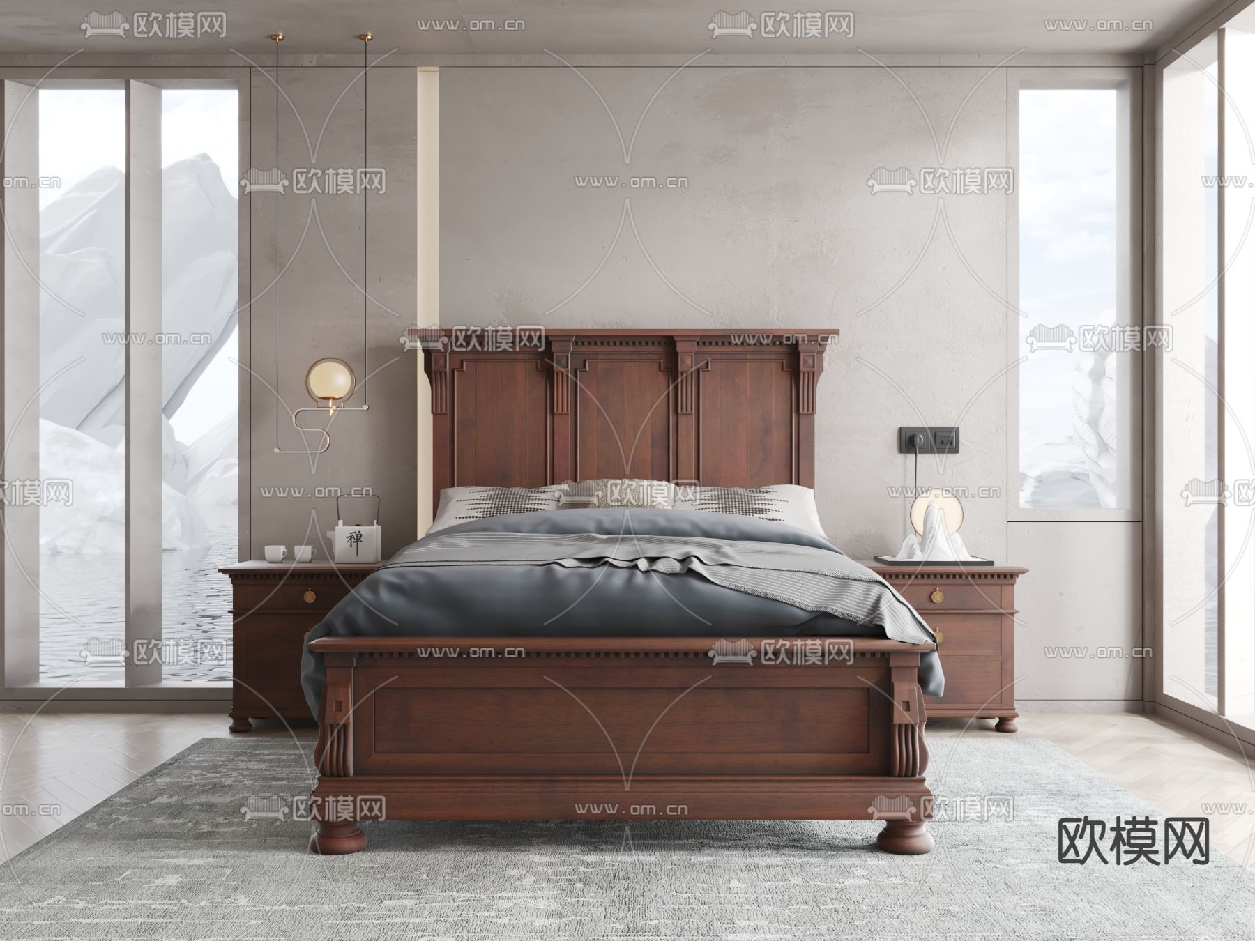 新中式实木双人床3d模型下载（渲染图2）