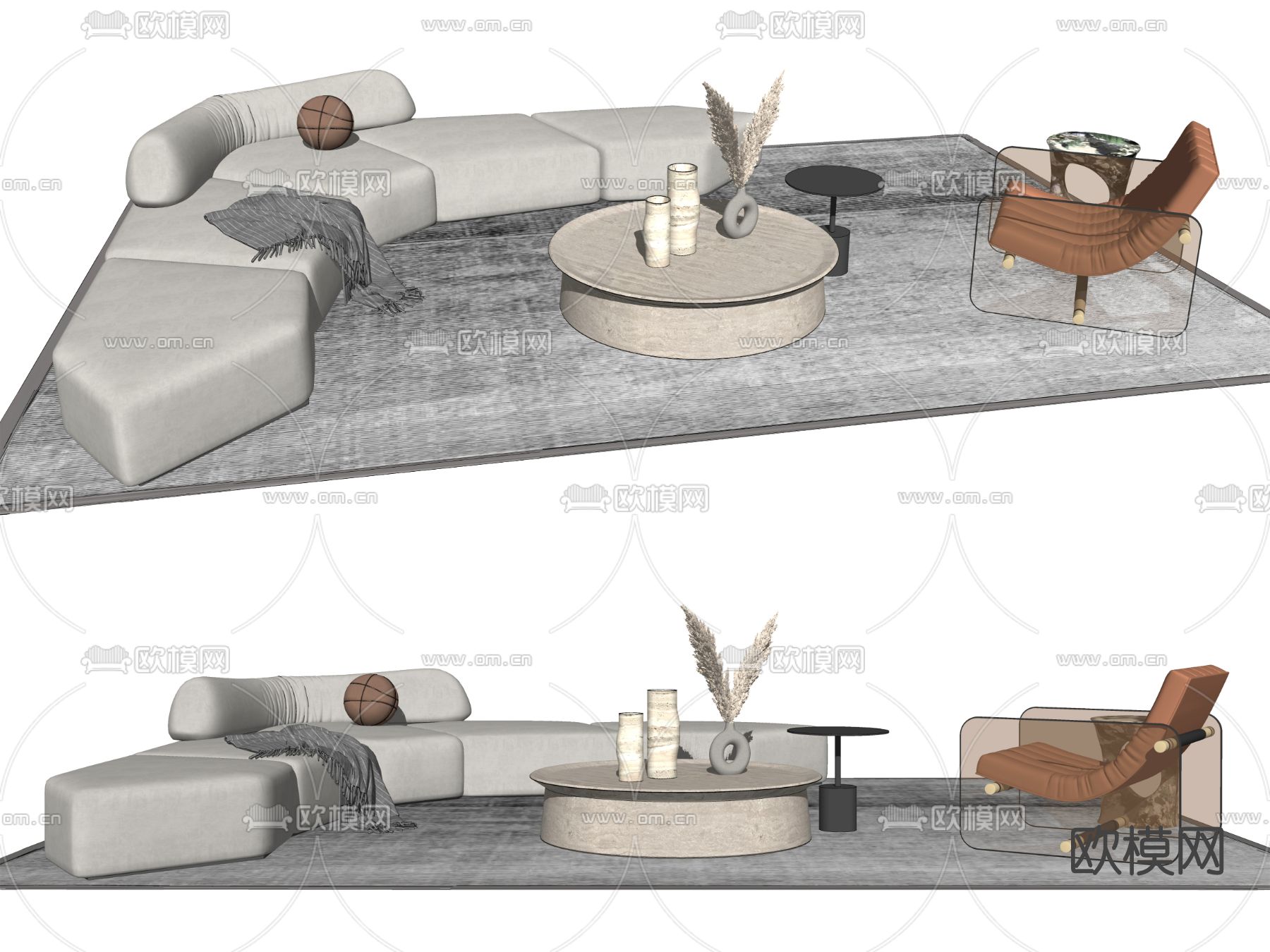 现代转角沙发组合su模型下载（渲染图2）