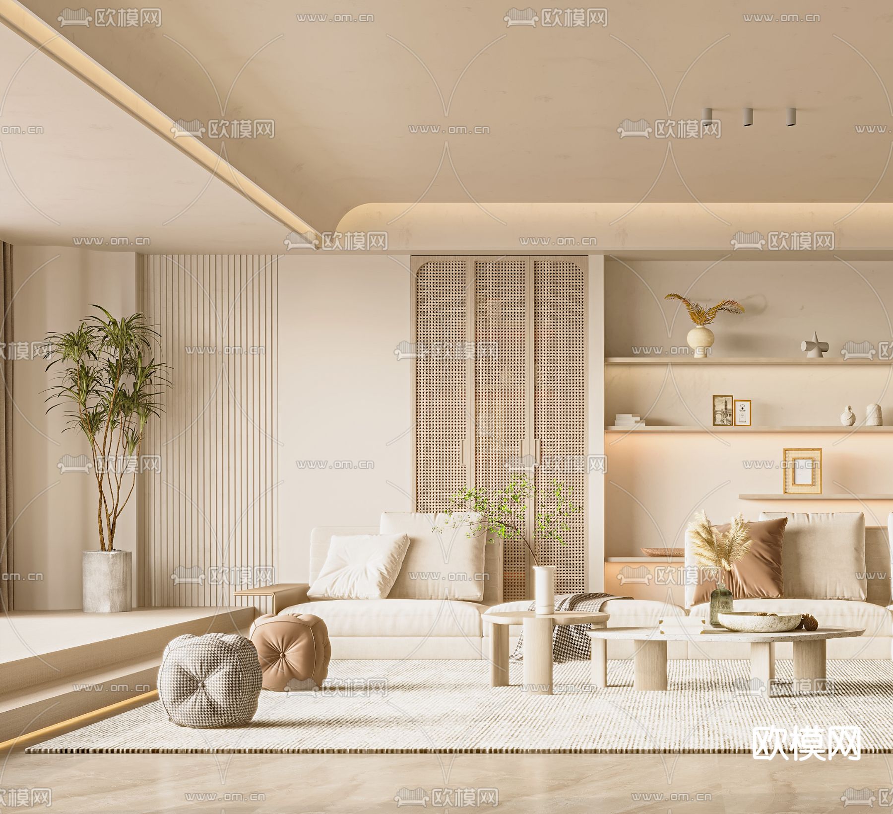 侘寂布艺转角沙发组合3d模型下载（渲染图4）