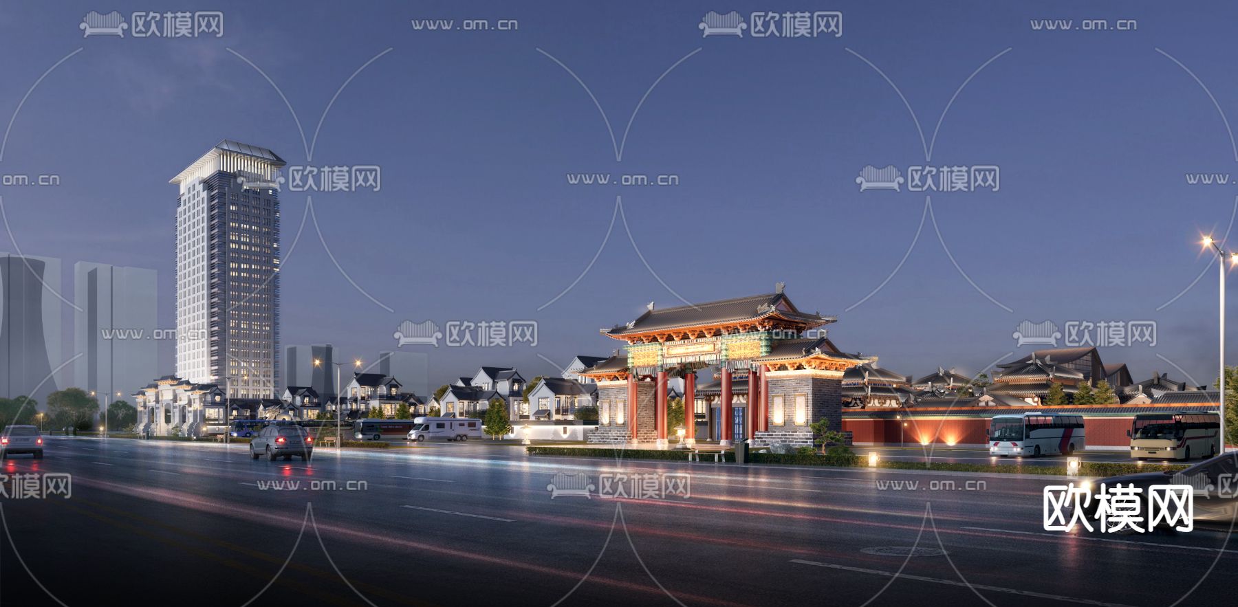 中式古建牌坊门头夜景3d模型下载