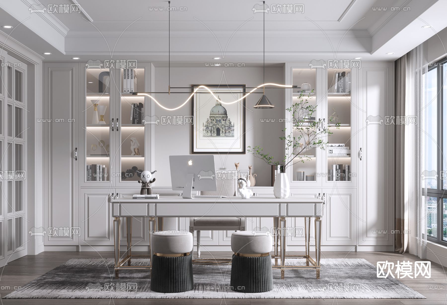 美式轻奢书房3d模型下载（渲染图1）