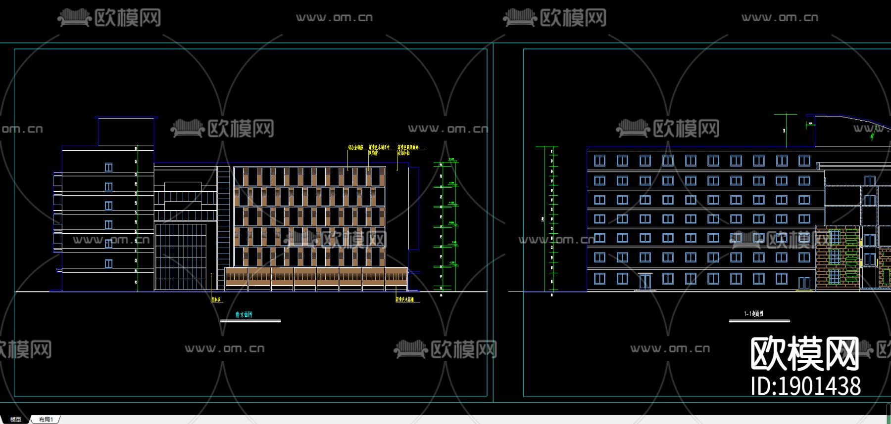 6层现代办公楼cad施工图下载（渲染图2）
