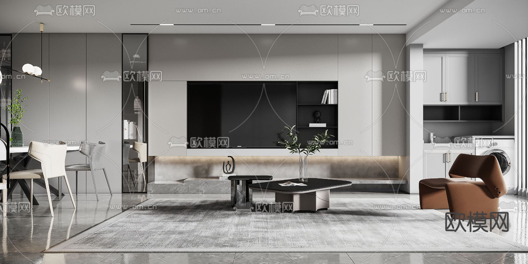 现代高级灰客厅餐厅3d模型