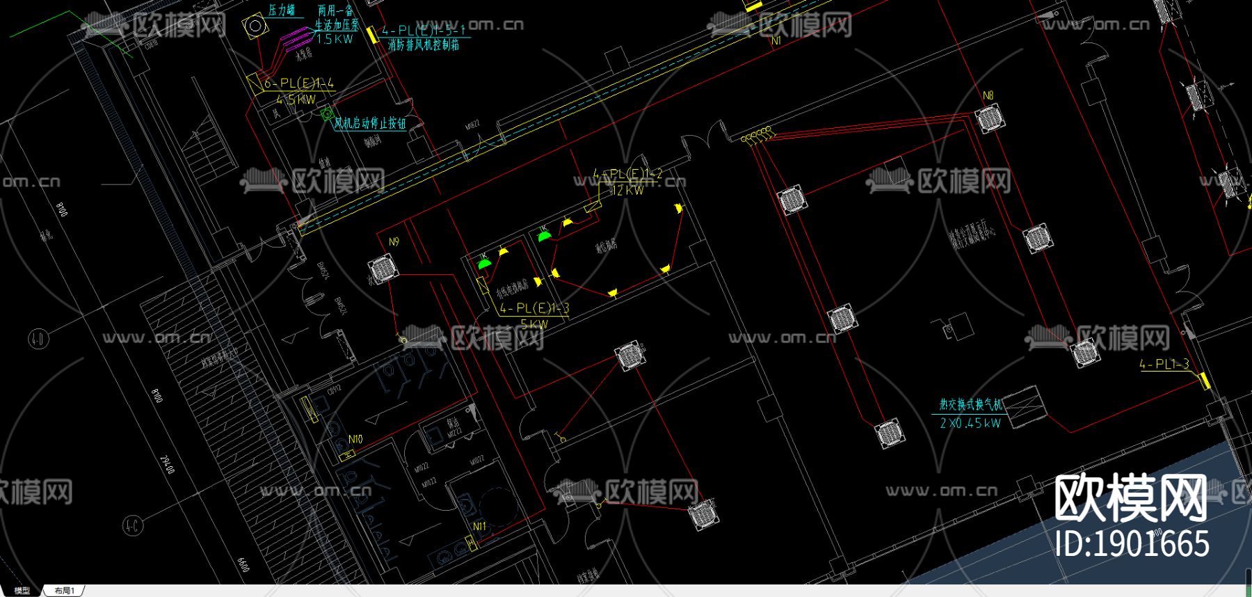 电力应急照明cad电路布置图下载（渲染图1）