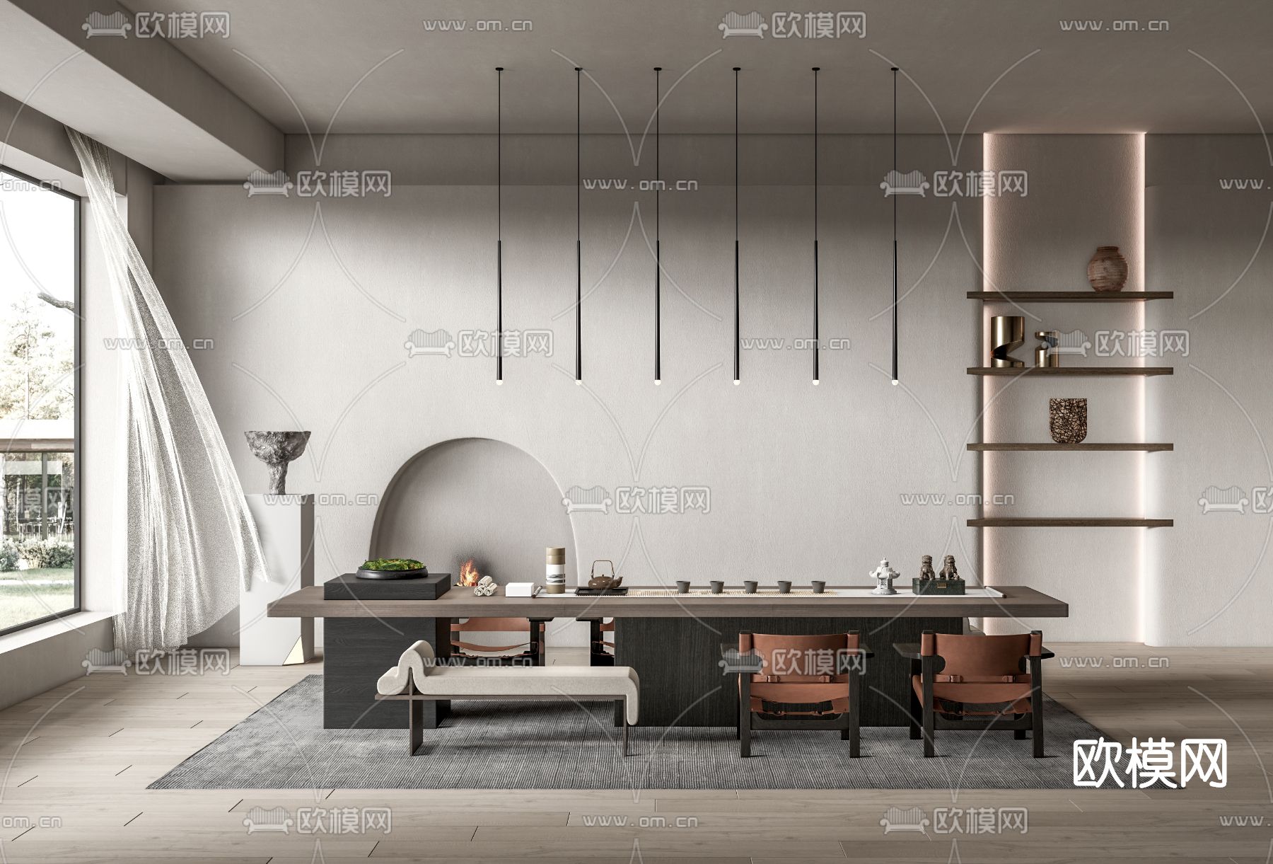 侘寂风实木茶桌椅su模型