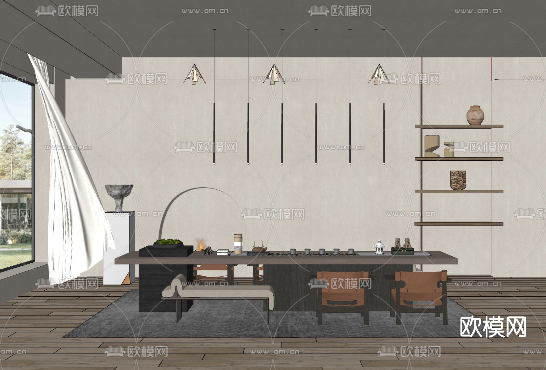 侘寂风实木茶桌椅su模型