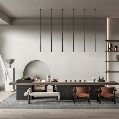 侘寂风实木茶桌椅su模型