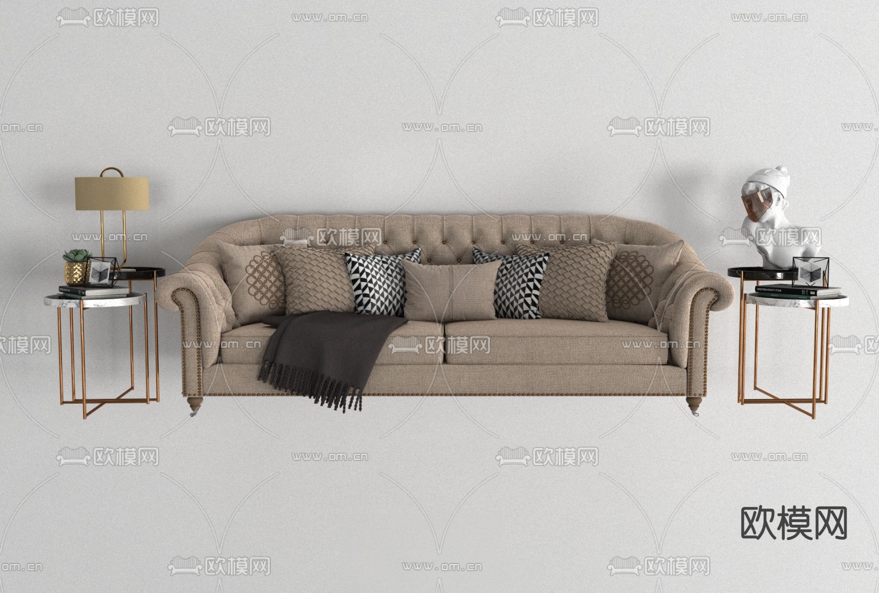 简欧布艺多人沙发免费3d模型下载
