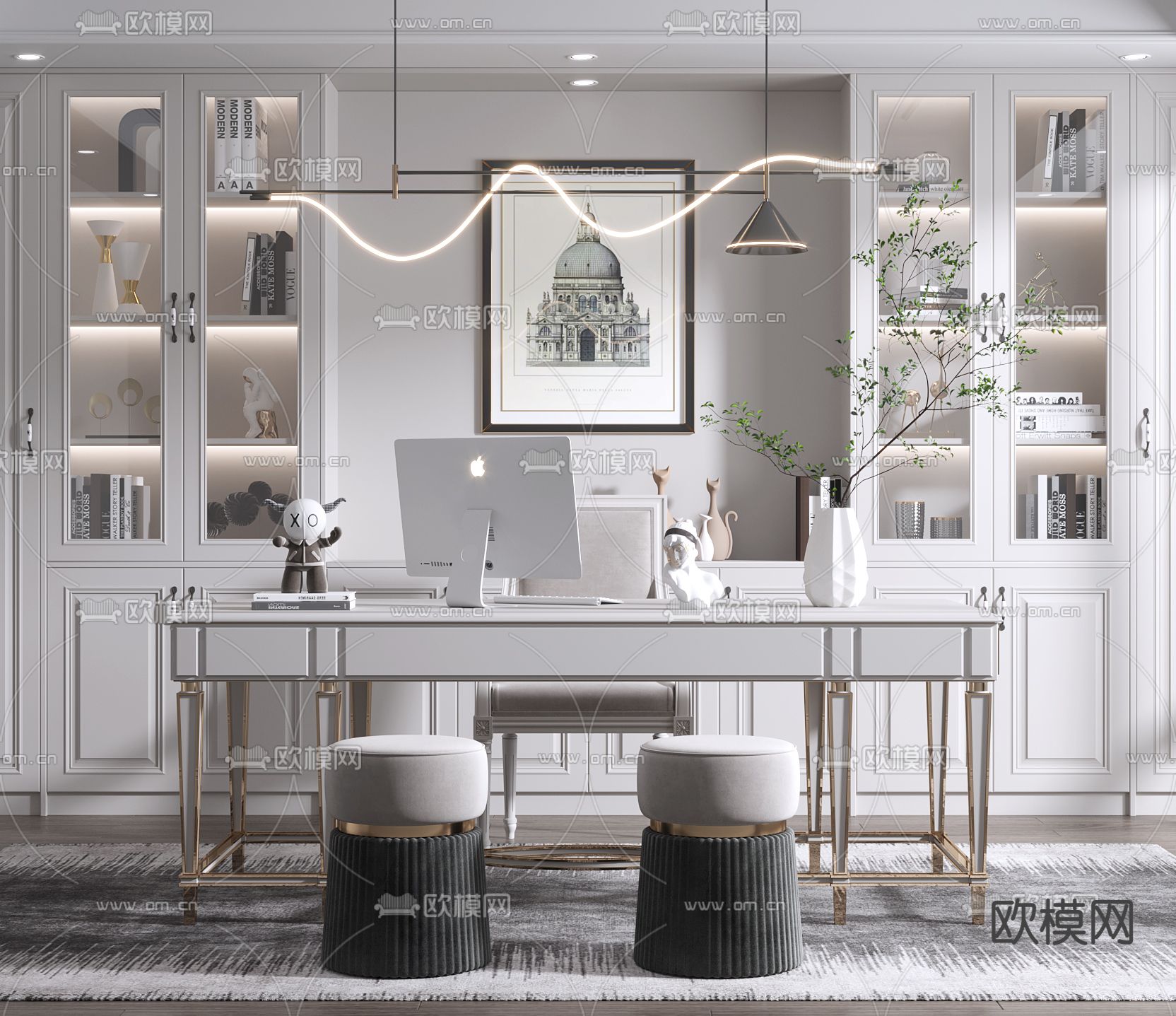 美式轻奢书房3d模型下载（渲染图2）