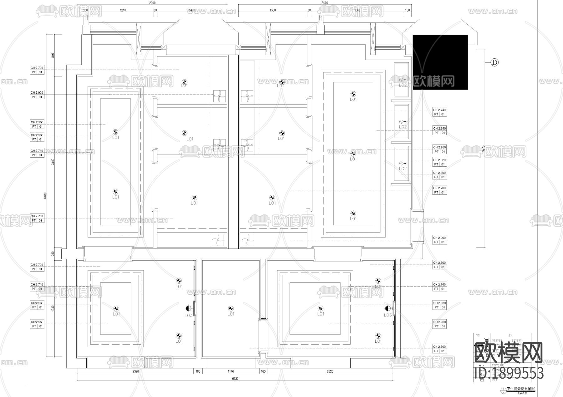 公区卫生间cad图库下载（渲染图2）