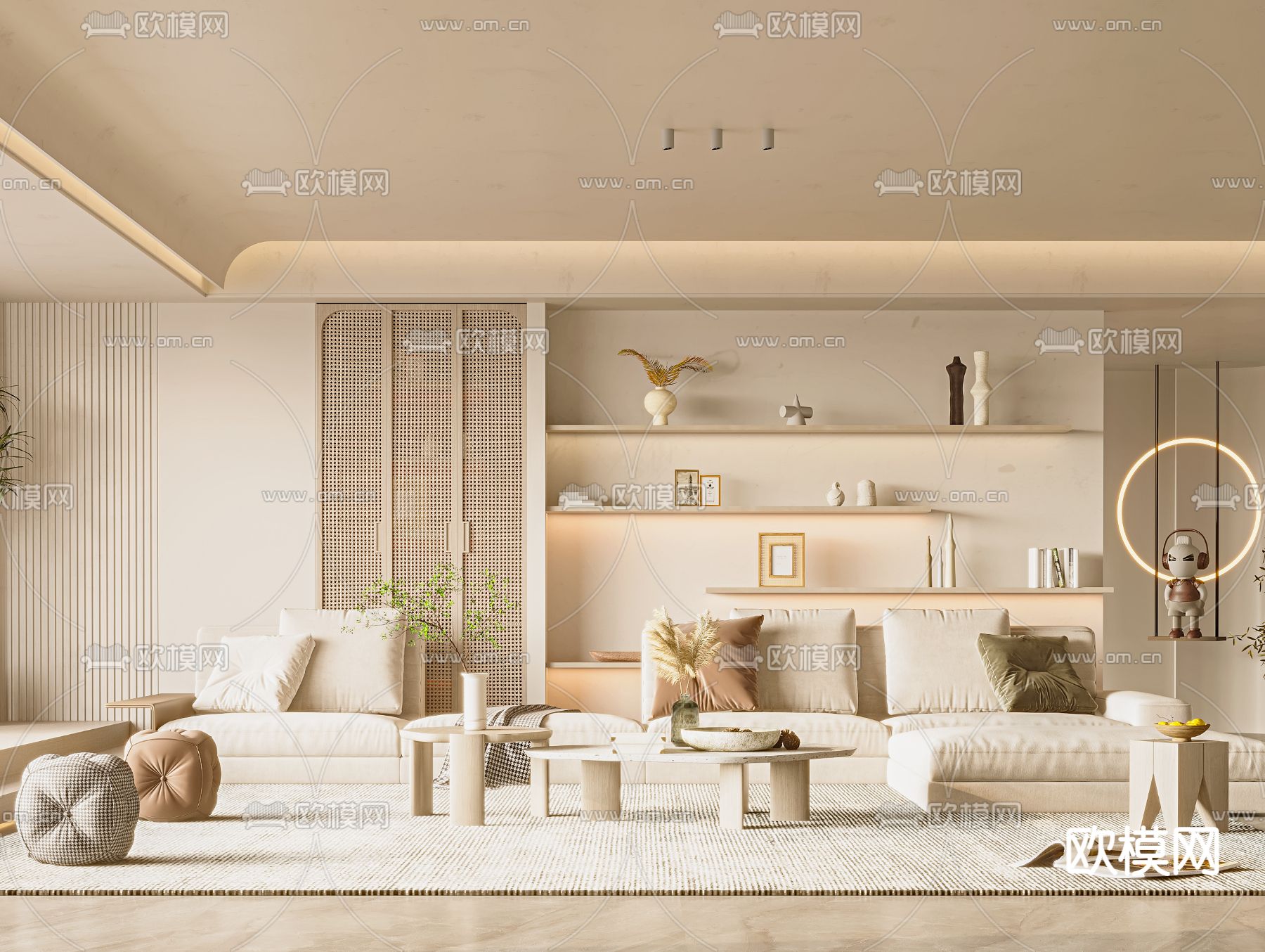 侘寂布艺转角沙发组合3d模型下载（渲染图2）