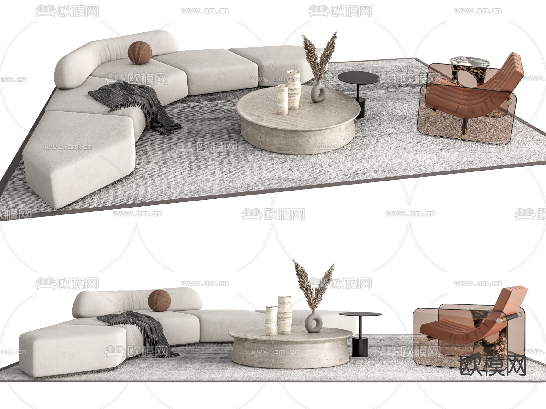 现代转角沙发组合su模型下载（渲染图1）