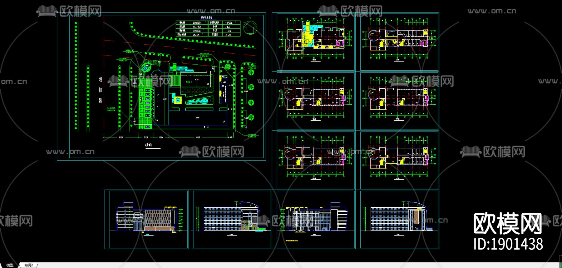 6层现代办公楼cad施工图下载（渲染图1）