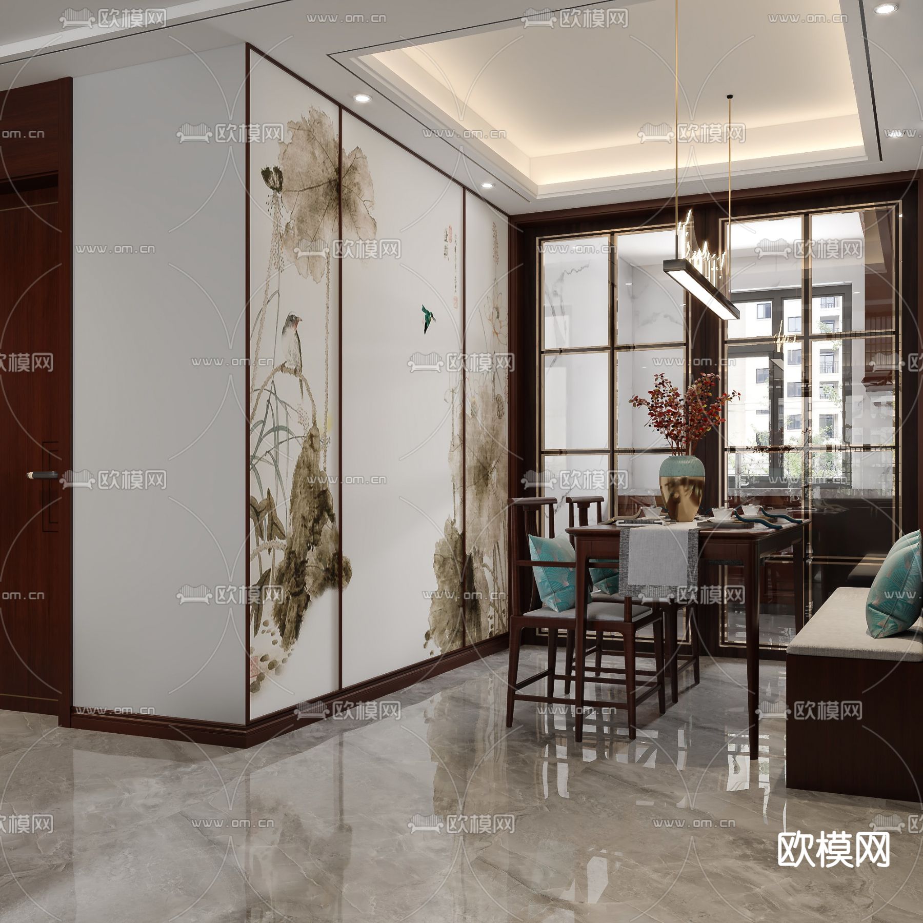 新中式轻奢客厅餐厅3d模型