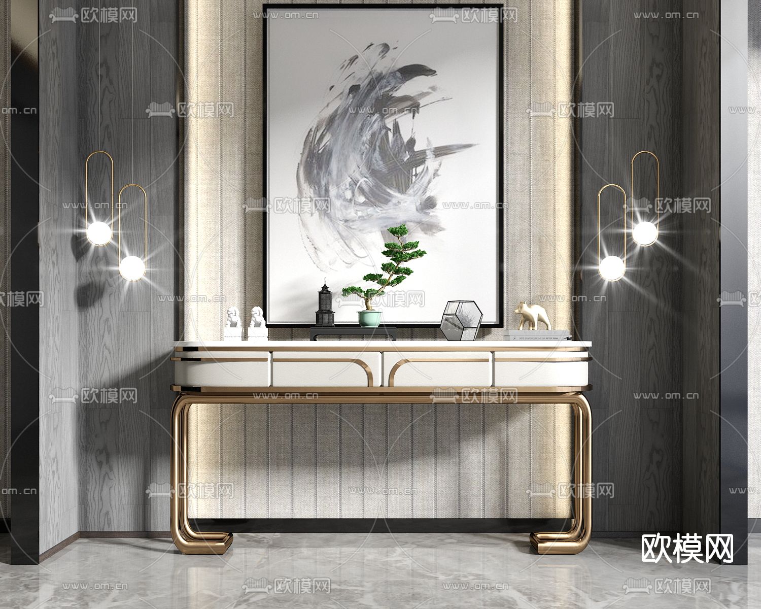 新中式玄关端景台案su模型下载