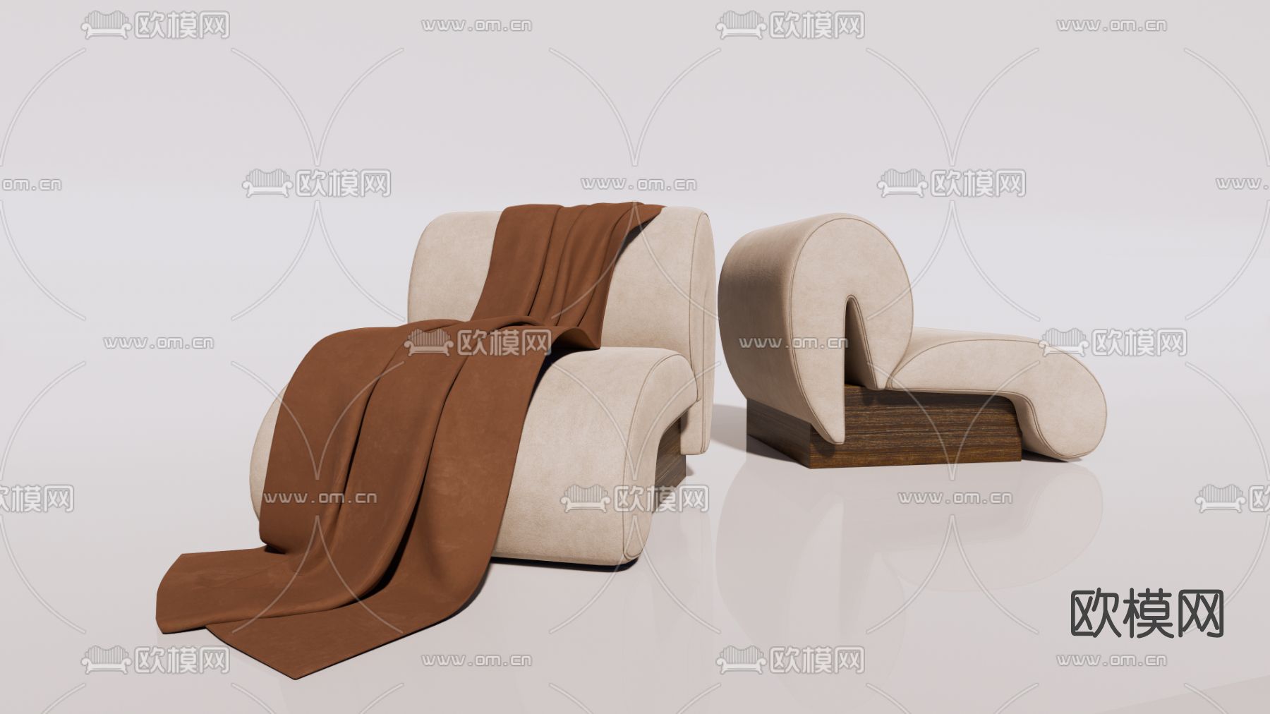 侘寂布艺休闲沙发su模型下载（渲染图1）