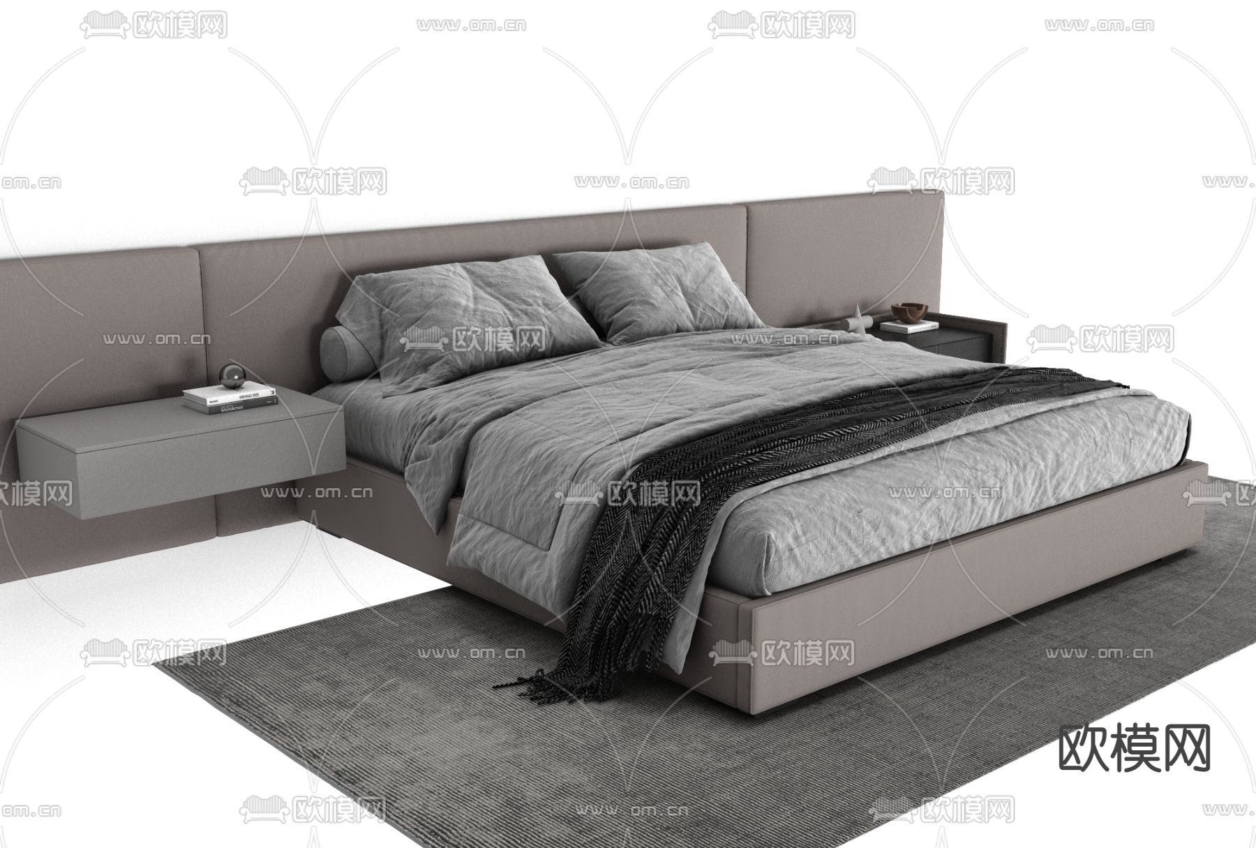 现代布艺双人床免费3d模型下载