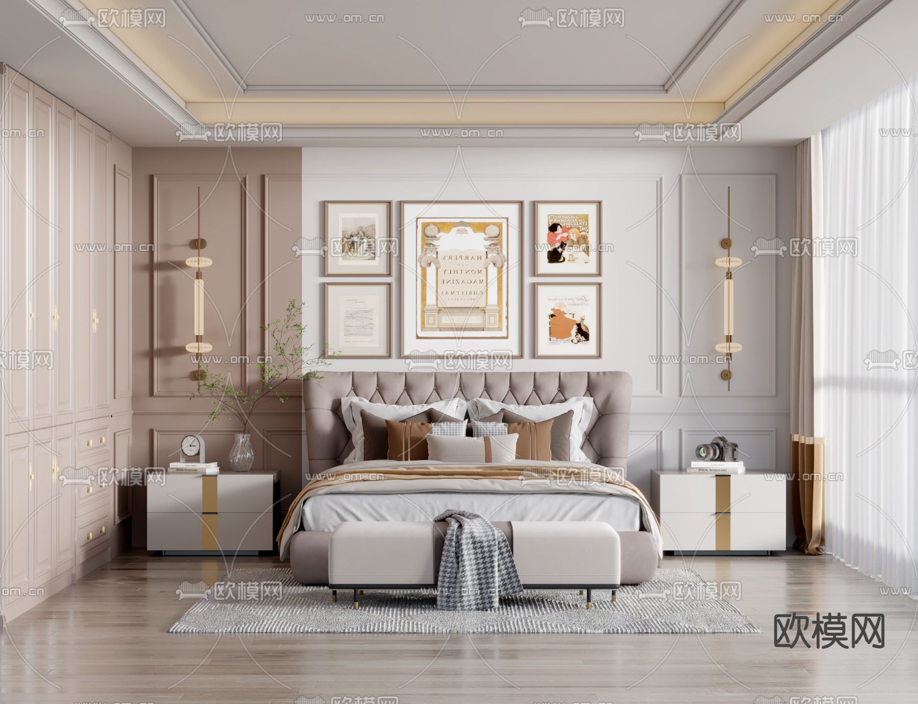 简欧卧室3d模型下载（渲染图1）