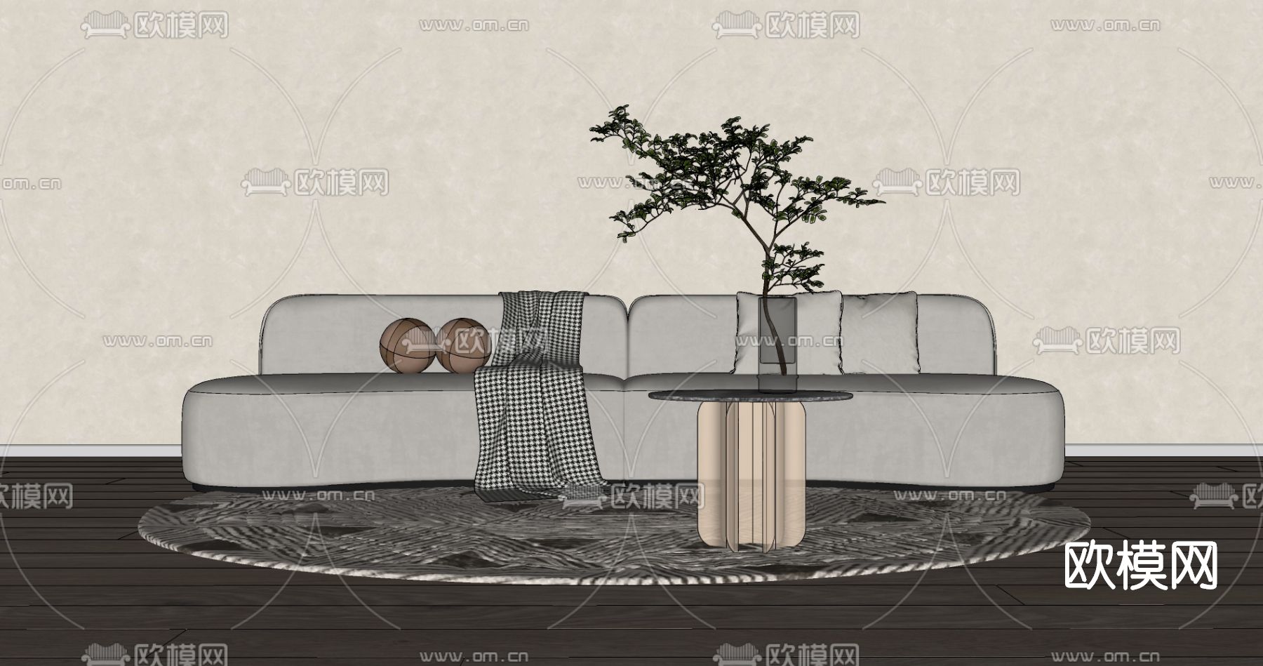 侘寂布艺多人沙发su模型下载（渲染图2）