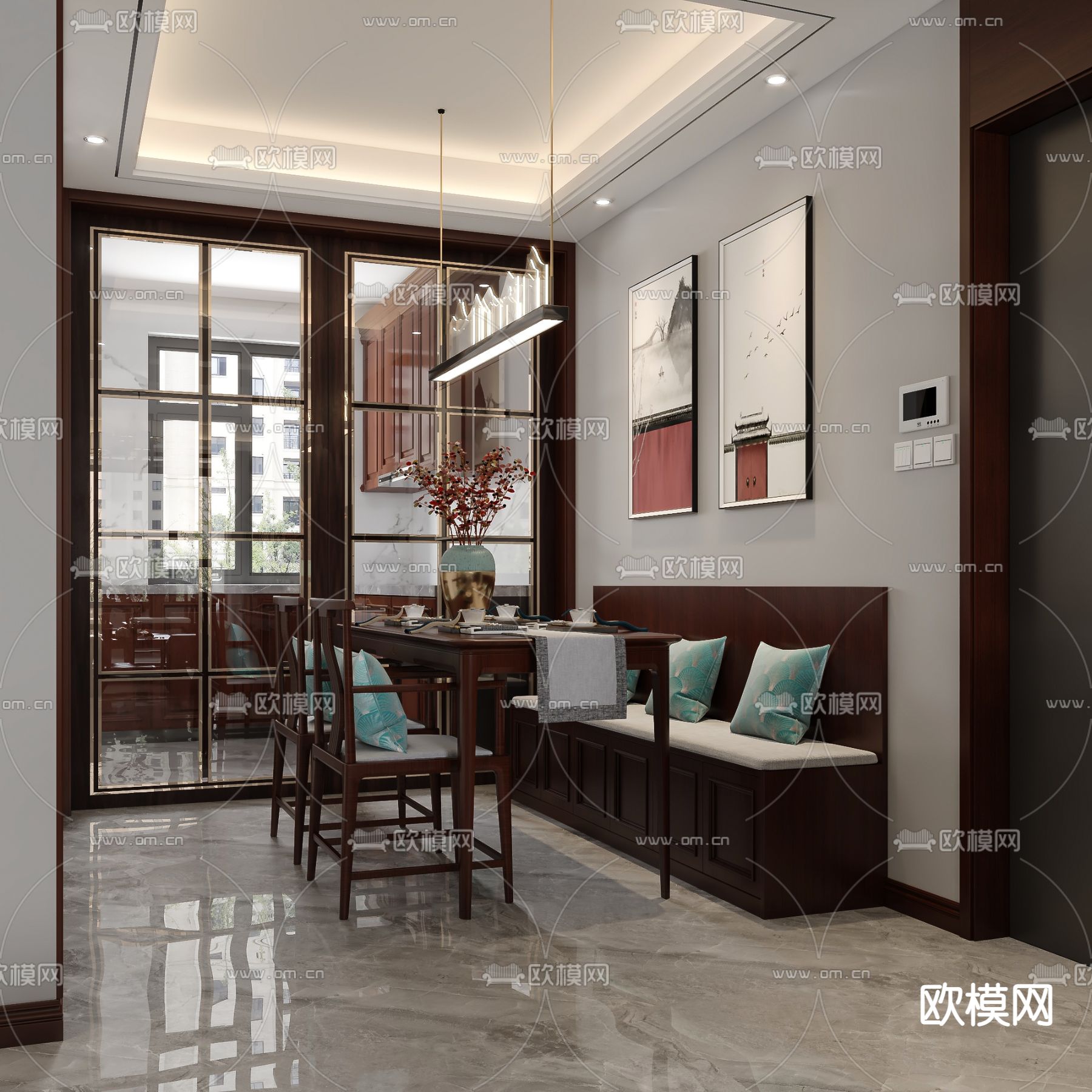 新中式轻奢客厅餐厅3d模型
