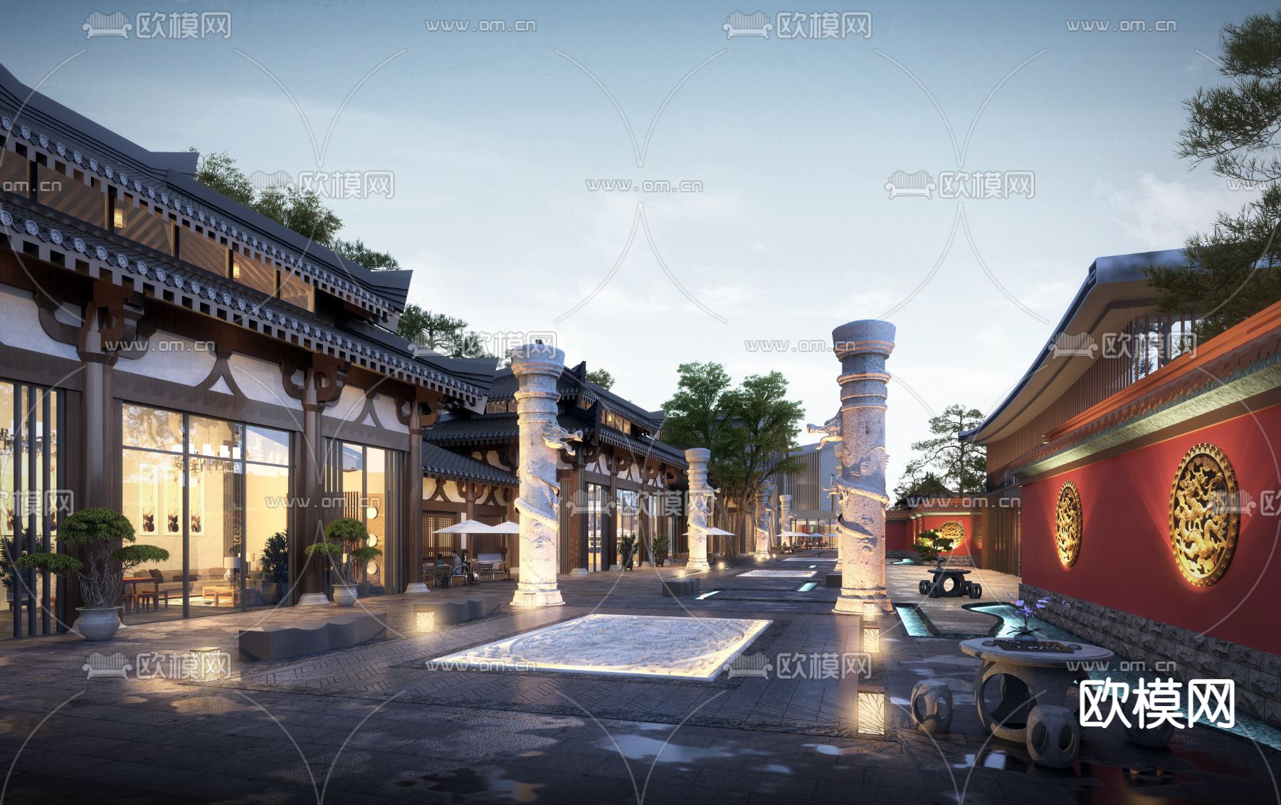 中式古建商业街夜景3d模型
