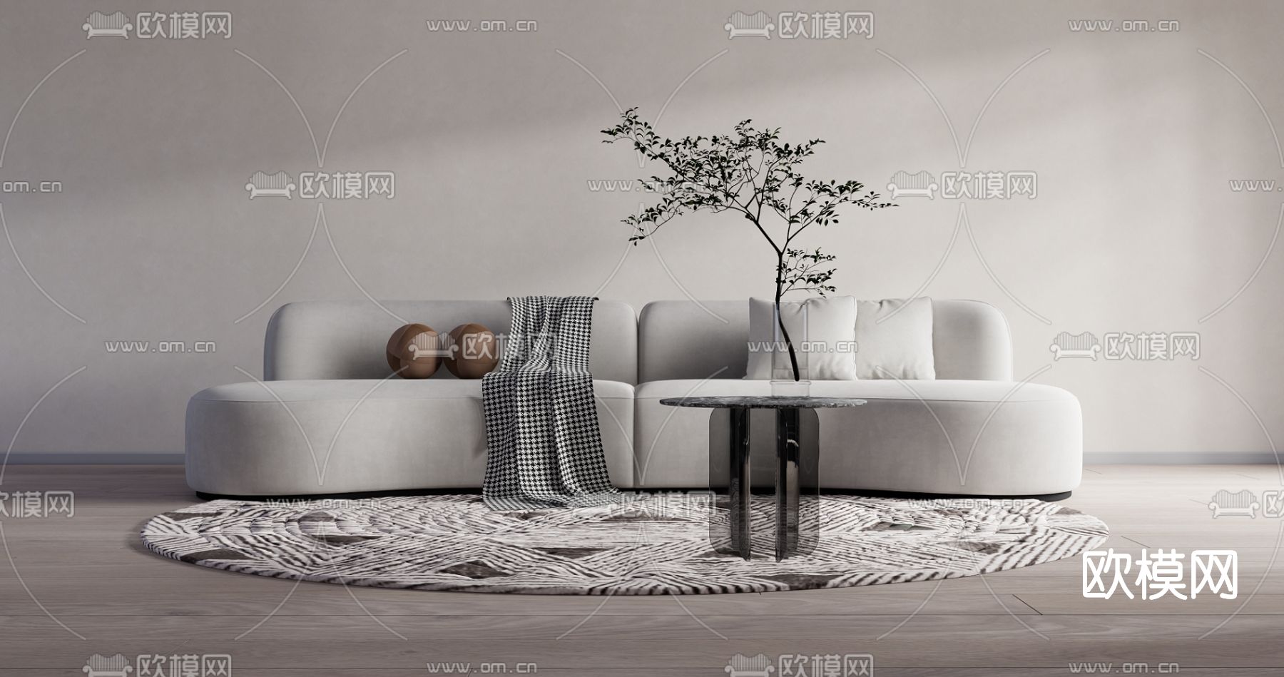 侘寂布艺多人沙发su模型下载（渲染图1）